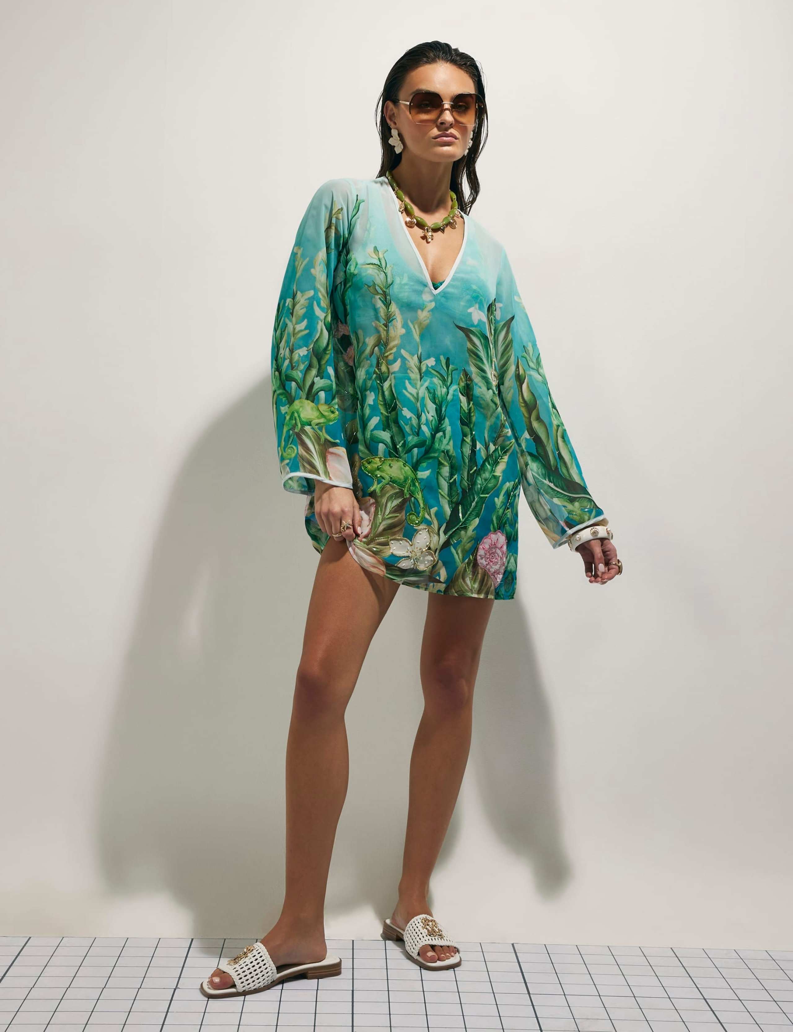 Sheer Sequin Floral Embellished V-Neck Tunic 2 of 4