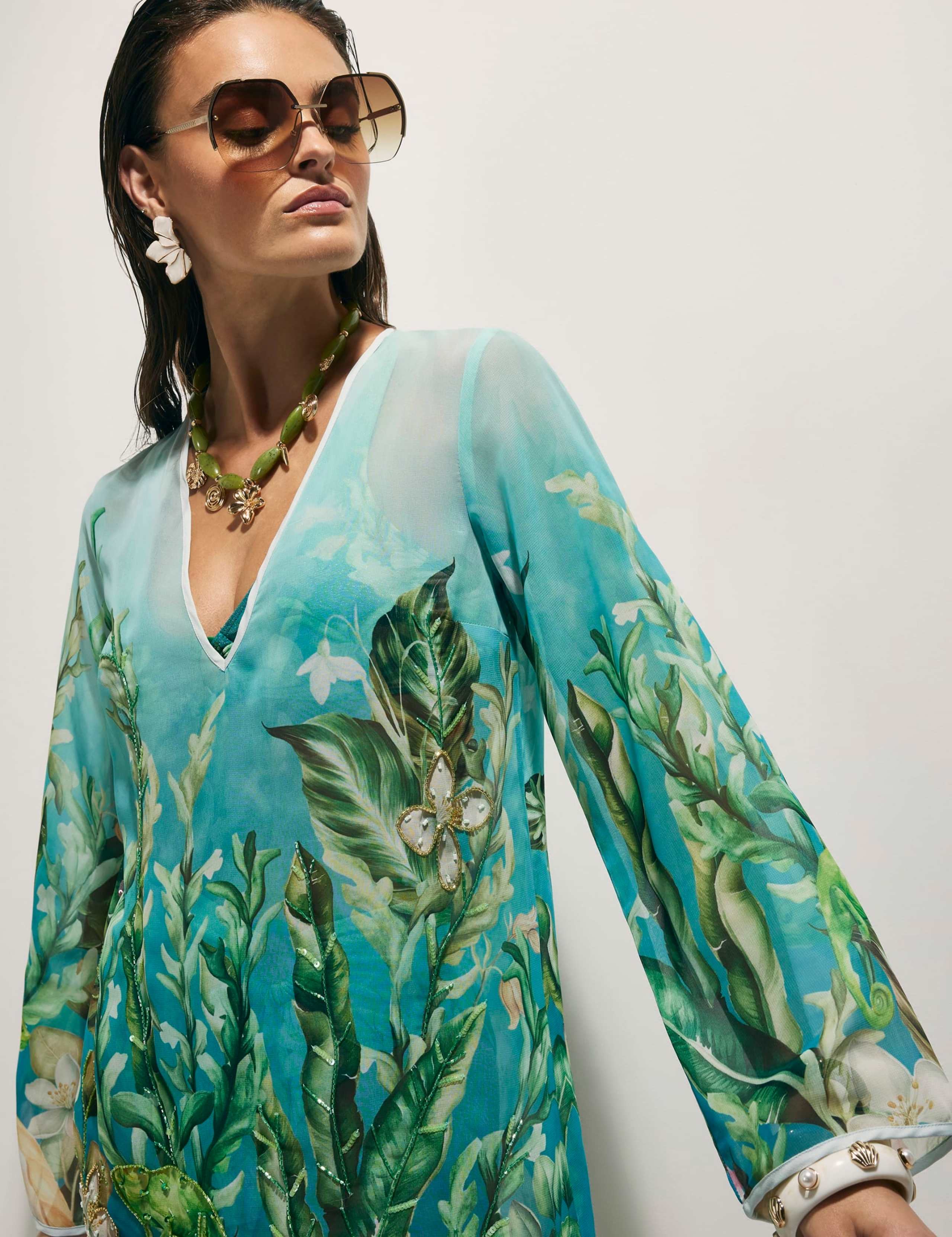 Sheer Sequin Floral Embellished V-Neck Tunic 4 of 4