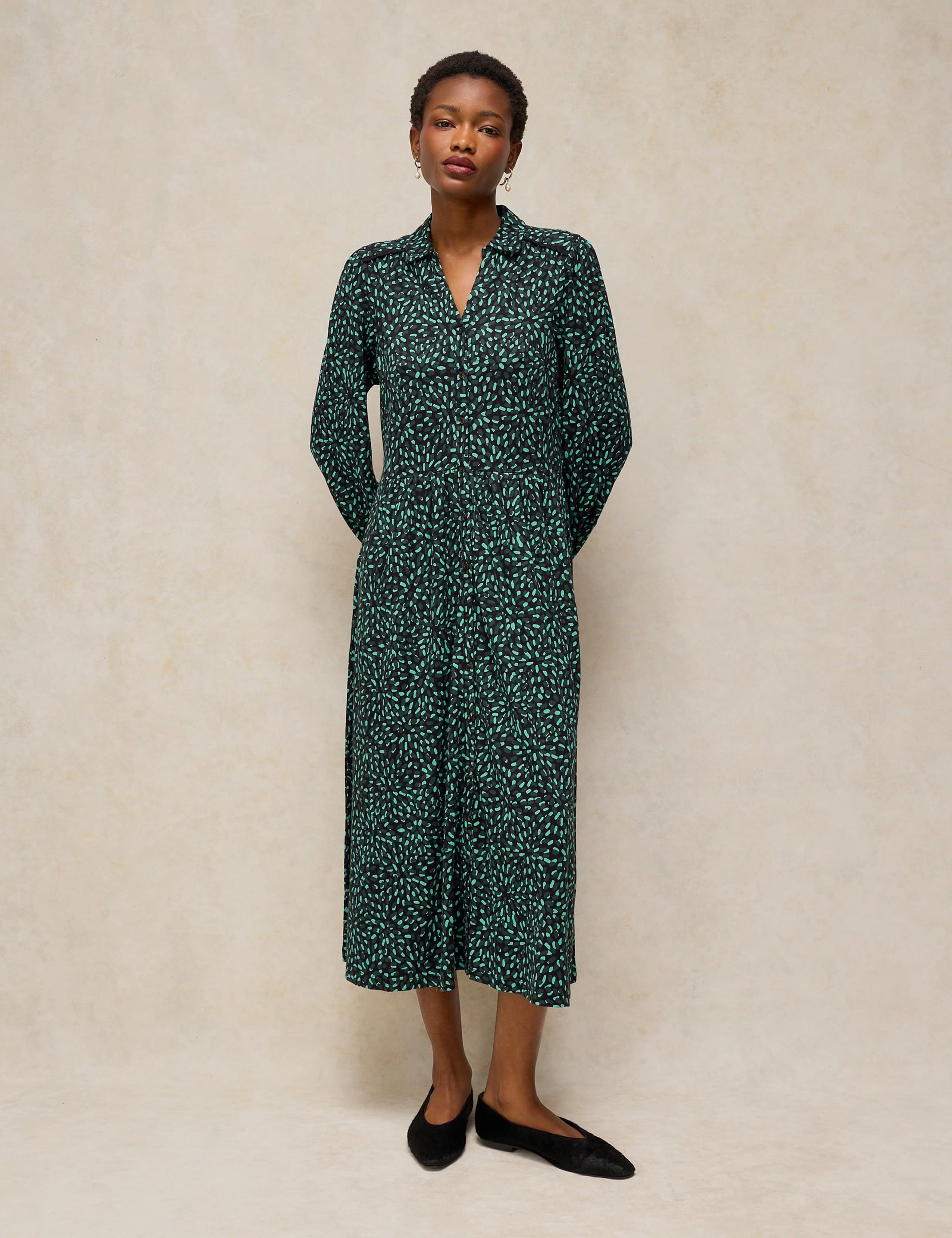 Cotton Blend Collared Patterned Midi Dress 3 of 6