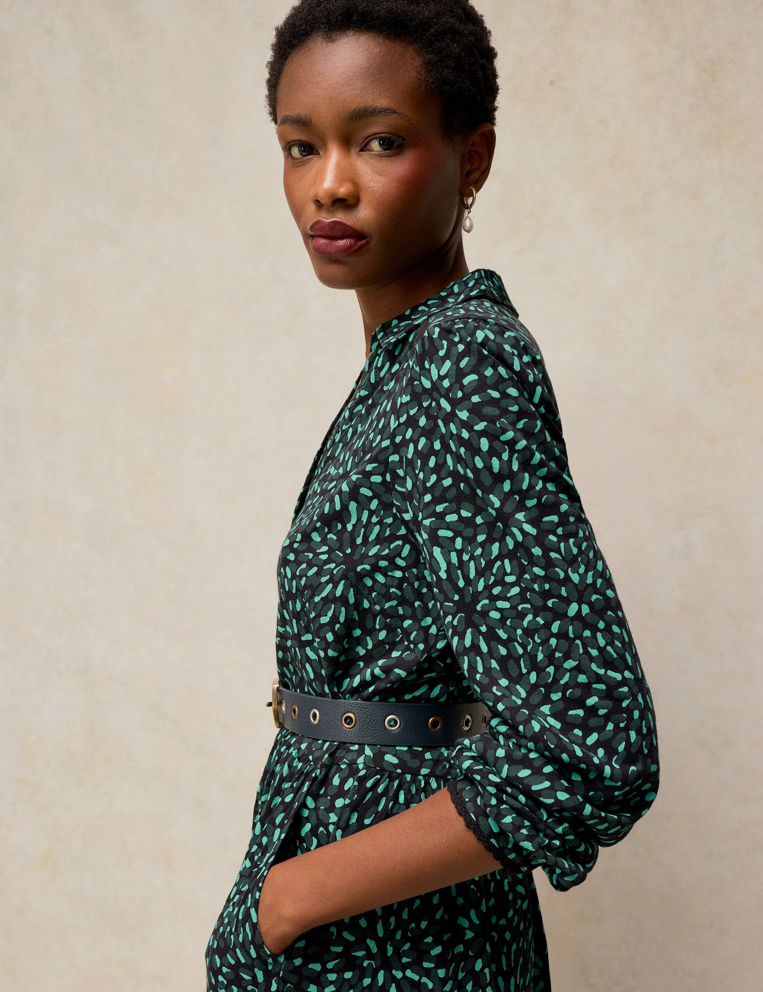 Cotton Blend Collared Patterned Midi Dress 5 of 6