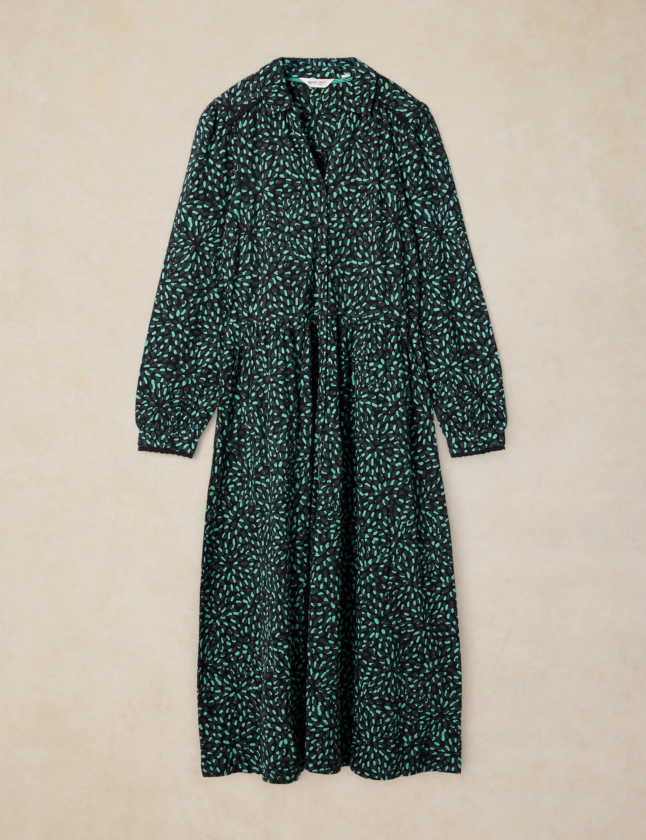 Cotton Blend Collared Patterned Midi Dress 2 of 6