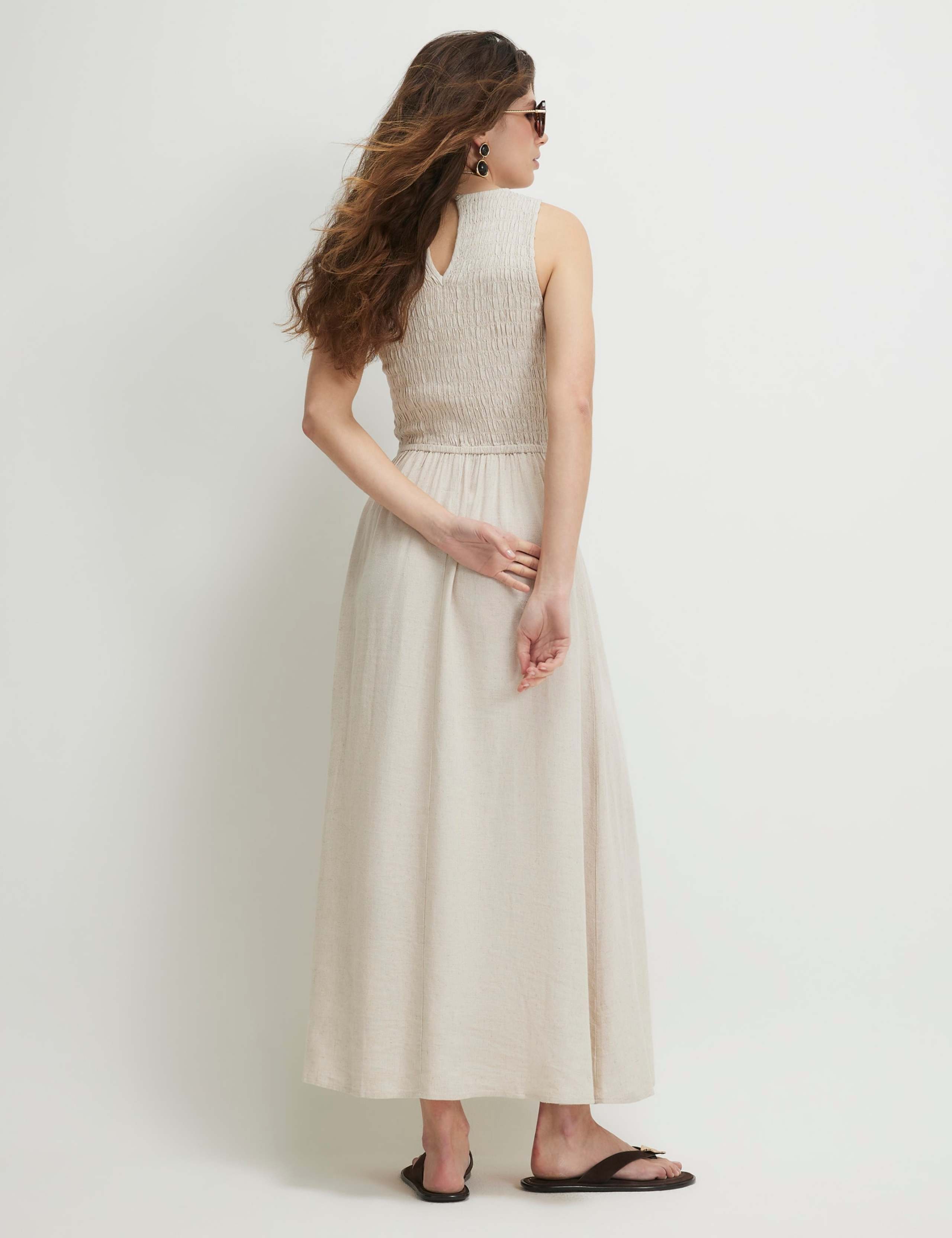 Textured Midi Shirred Dress with Linen 2 of 4