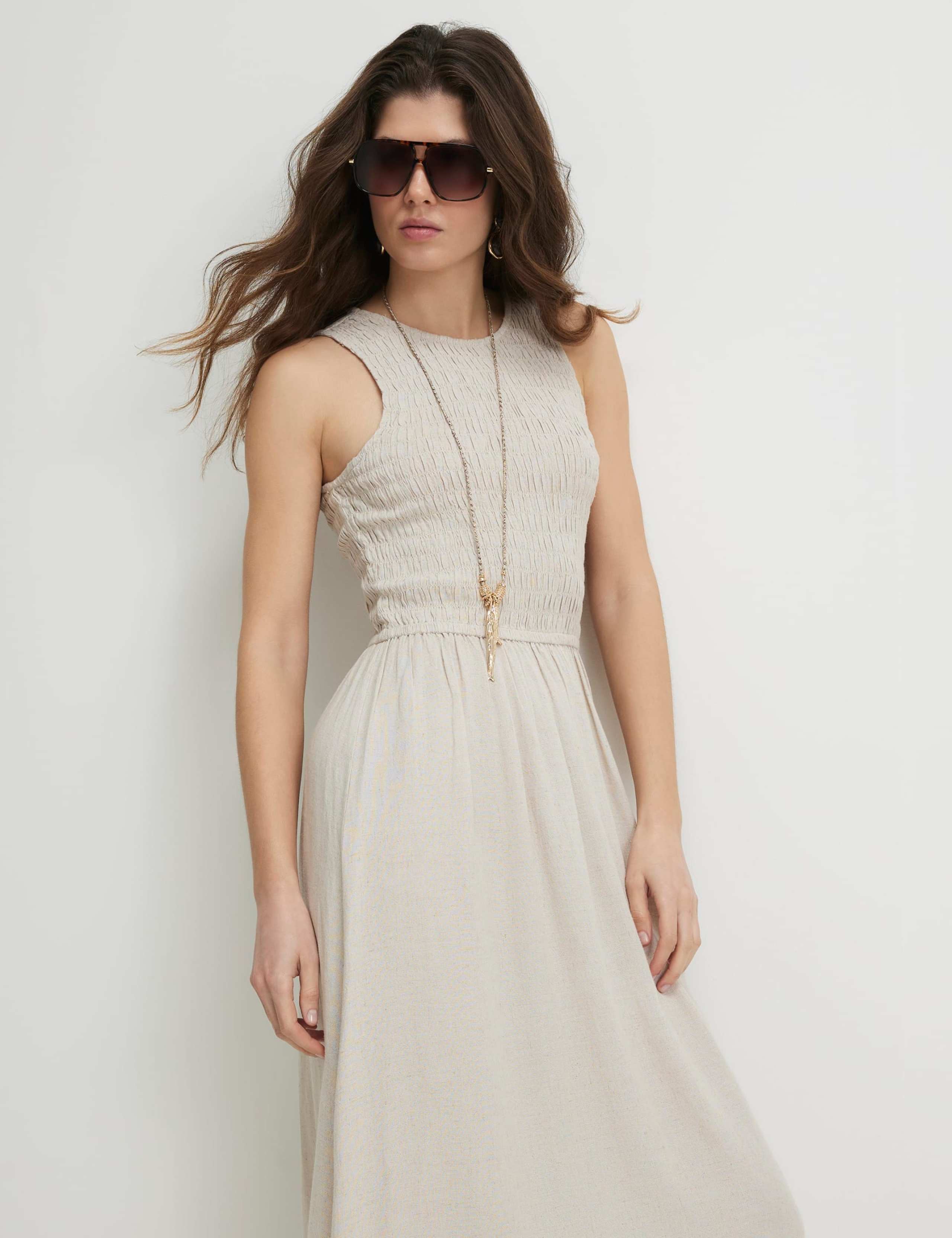 Textured Midi Shirred Dress with Linen 4 of 4
