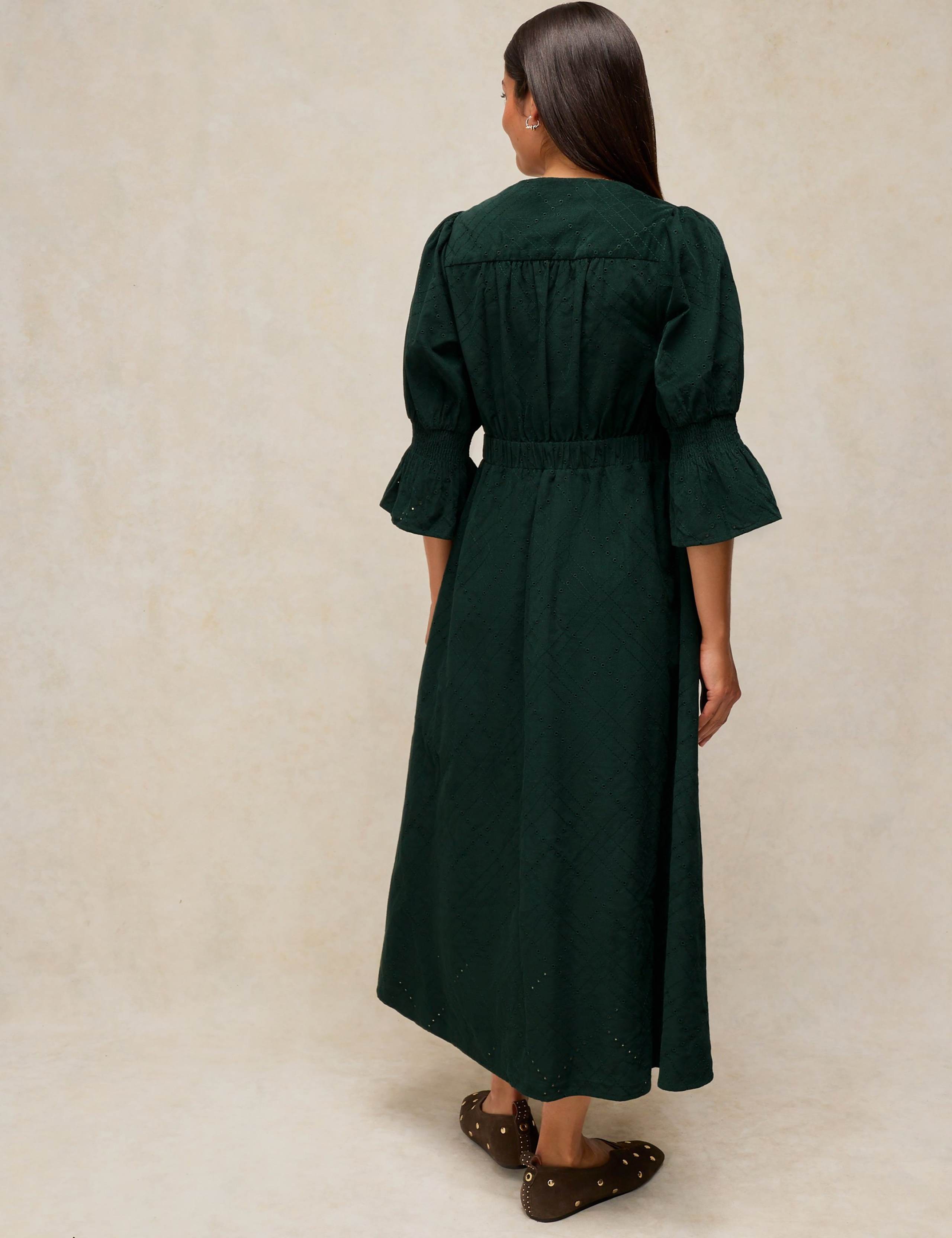 Pure Cotton Patterned Tie Neck Knotted Midi Dress 3 of 6