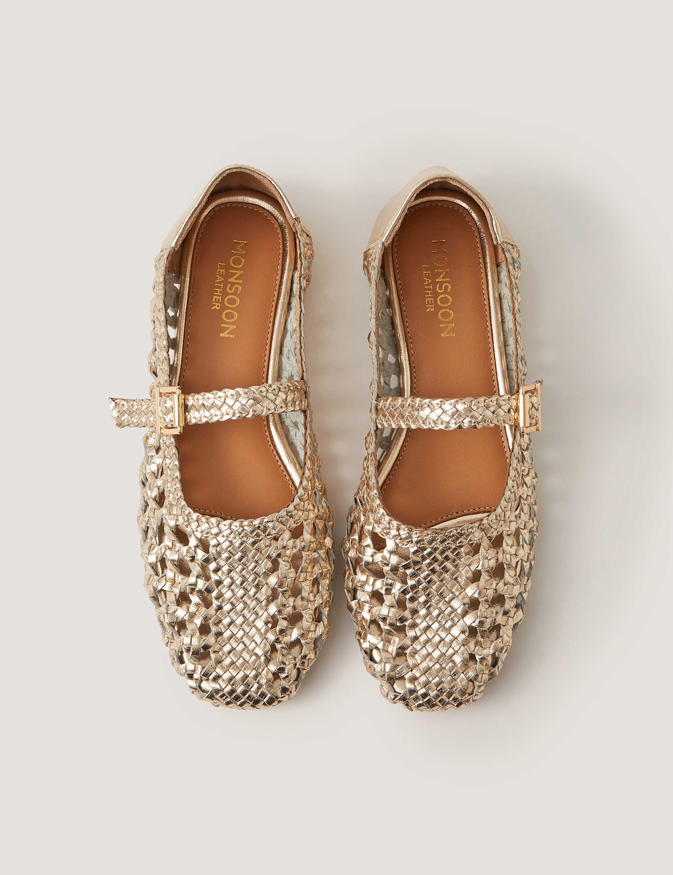 Leather Metallic Woven Flat Ballet Pumps 2 of 3