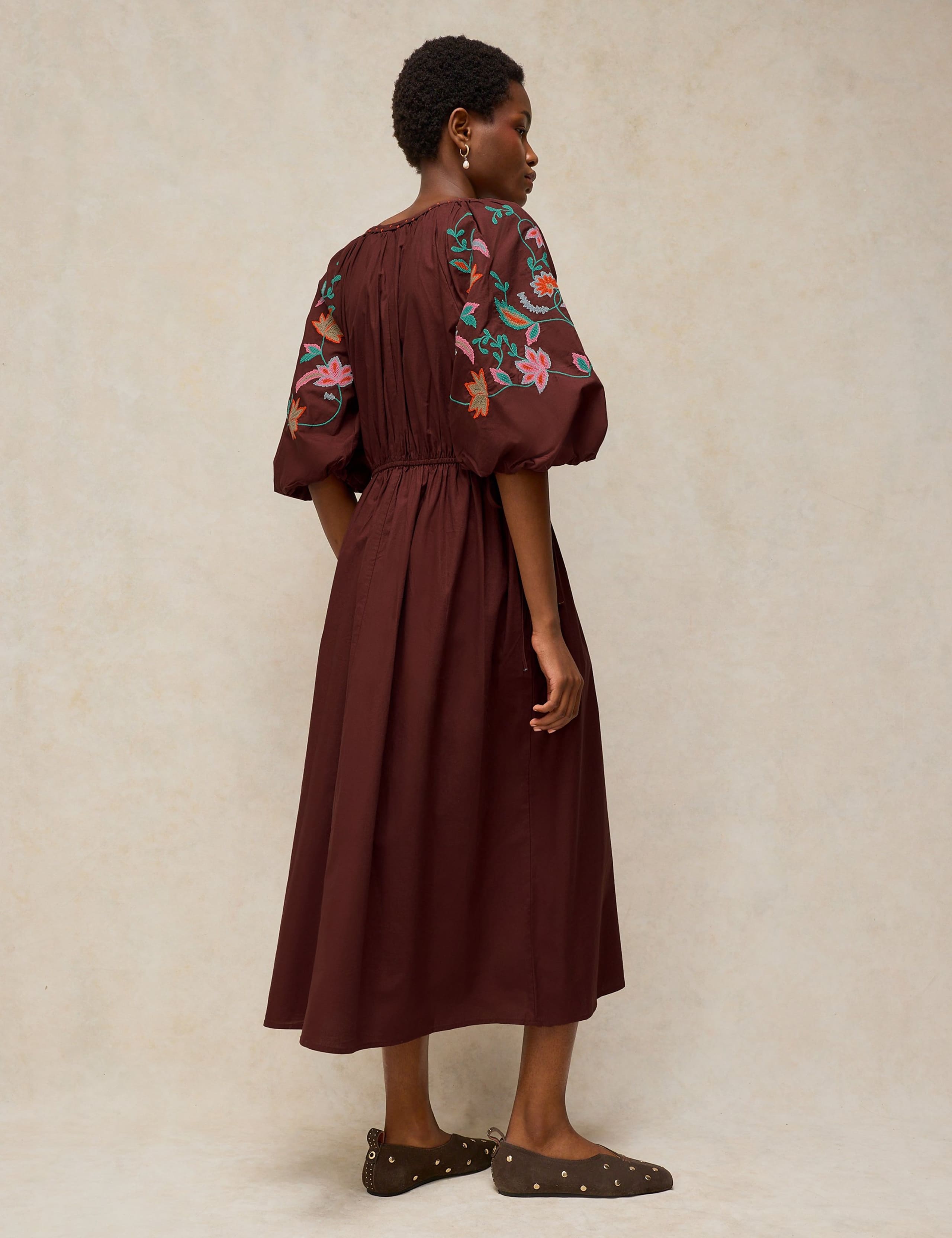 Pure Cotton Embroidered V Neck Midi Dress 3 of 6