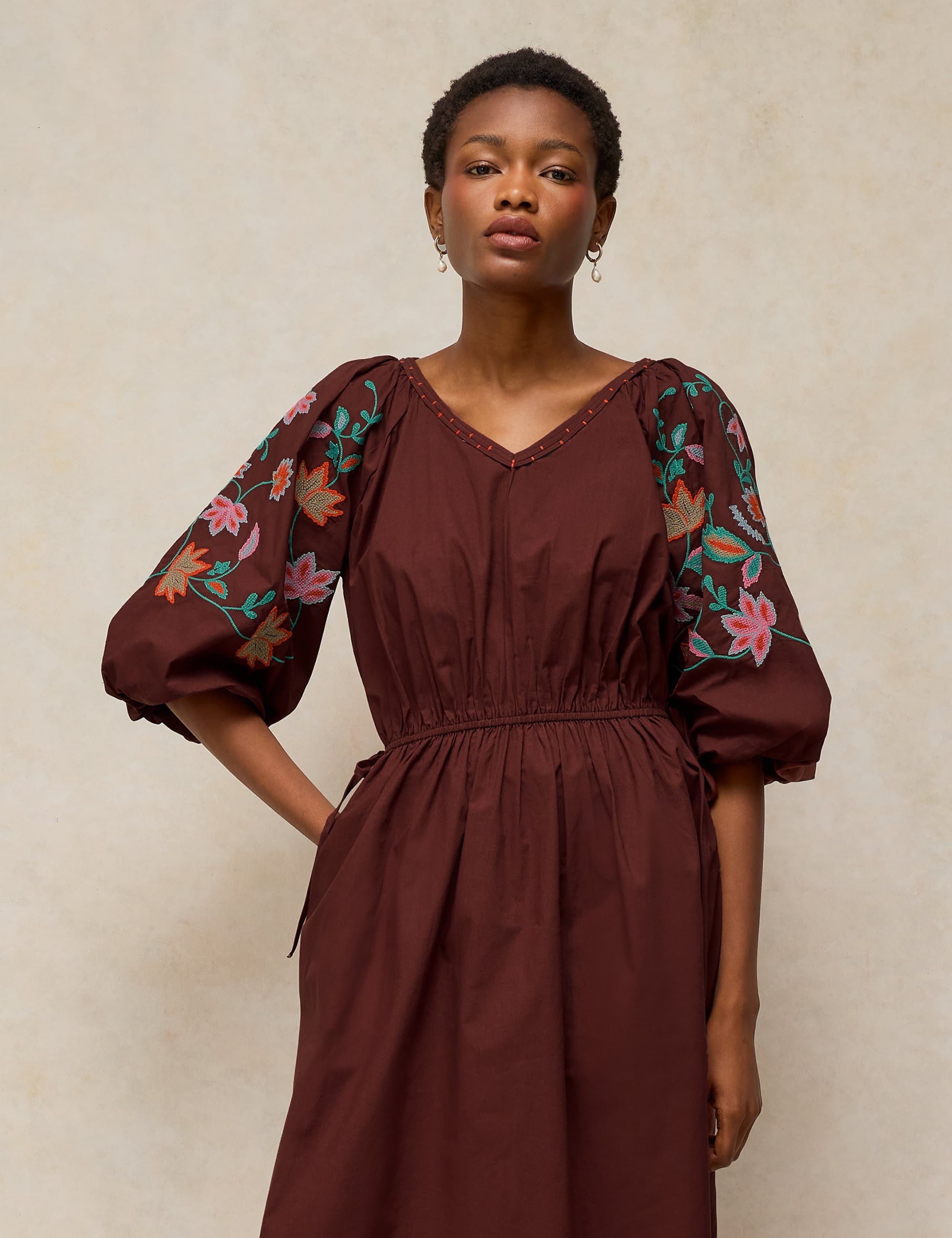 Pure Cotton Embroidered V Neck Midi Dress 4 of 6