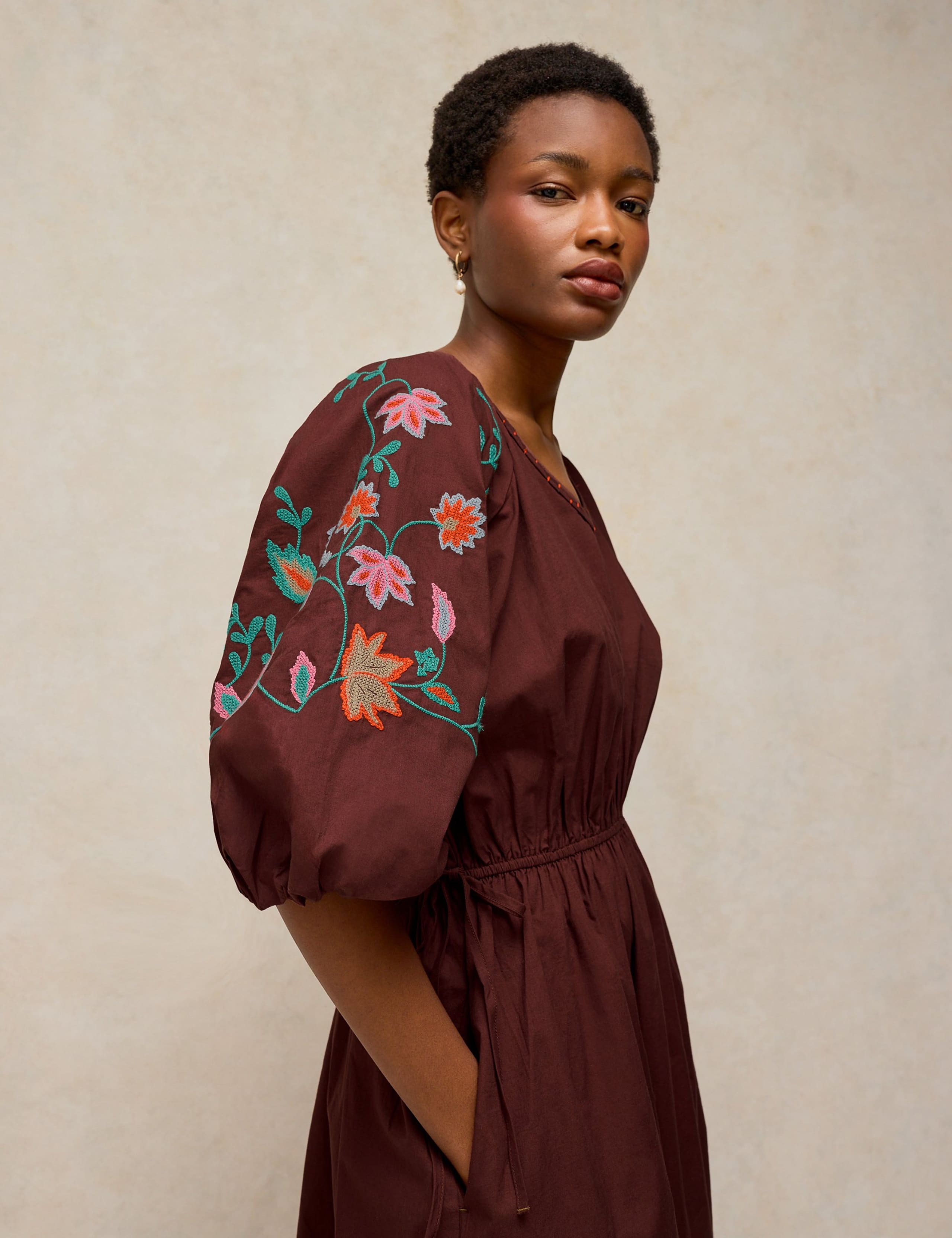 Pure Cotton Embroidered V Neck Midi Dress 5 of 6