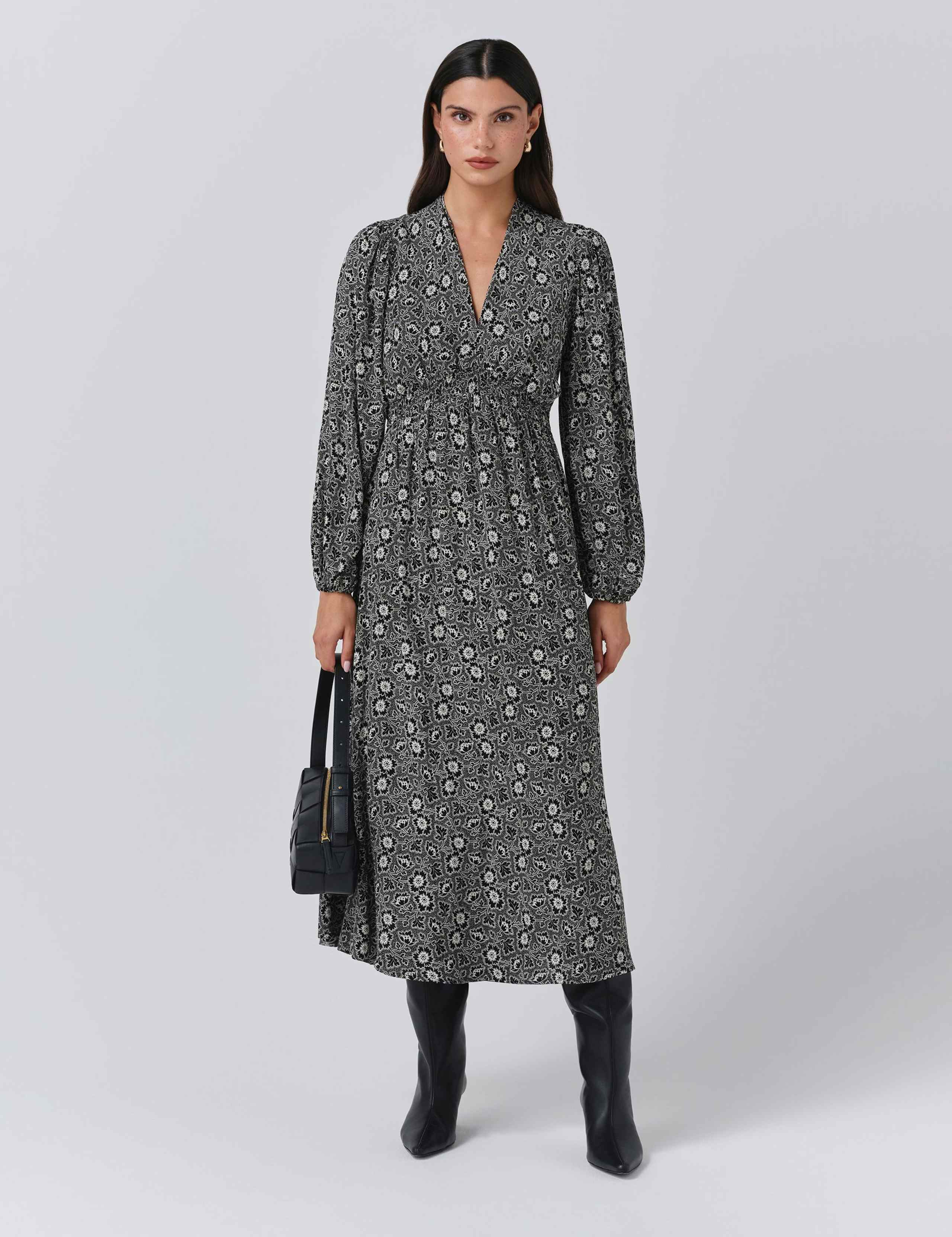 Crepe Floral V-Neck Midi Waisted Dress 1 of 5