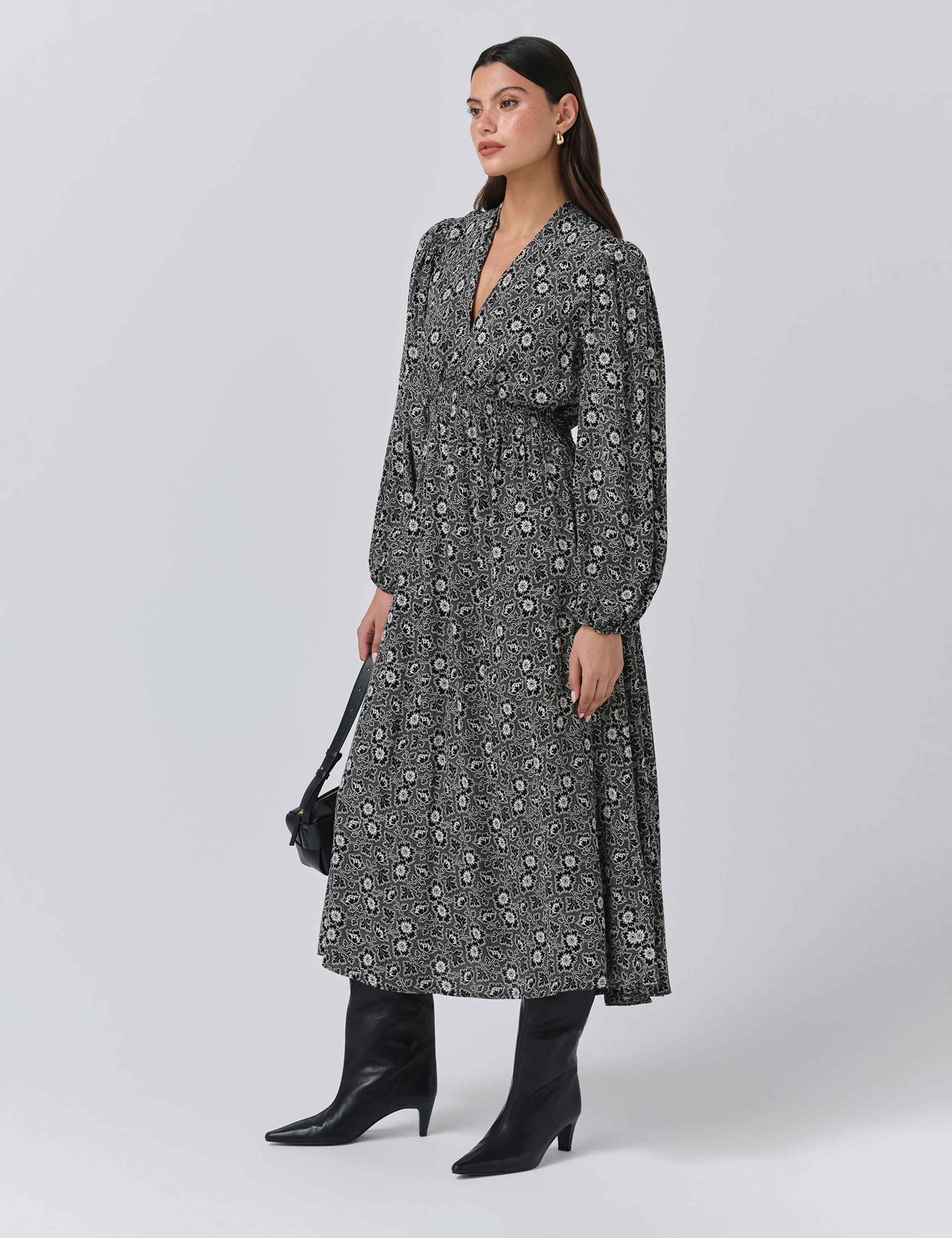 Crepe Floral V-Neck Midi Waisted Dress 2 of 5