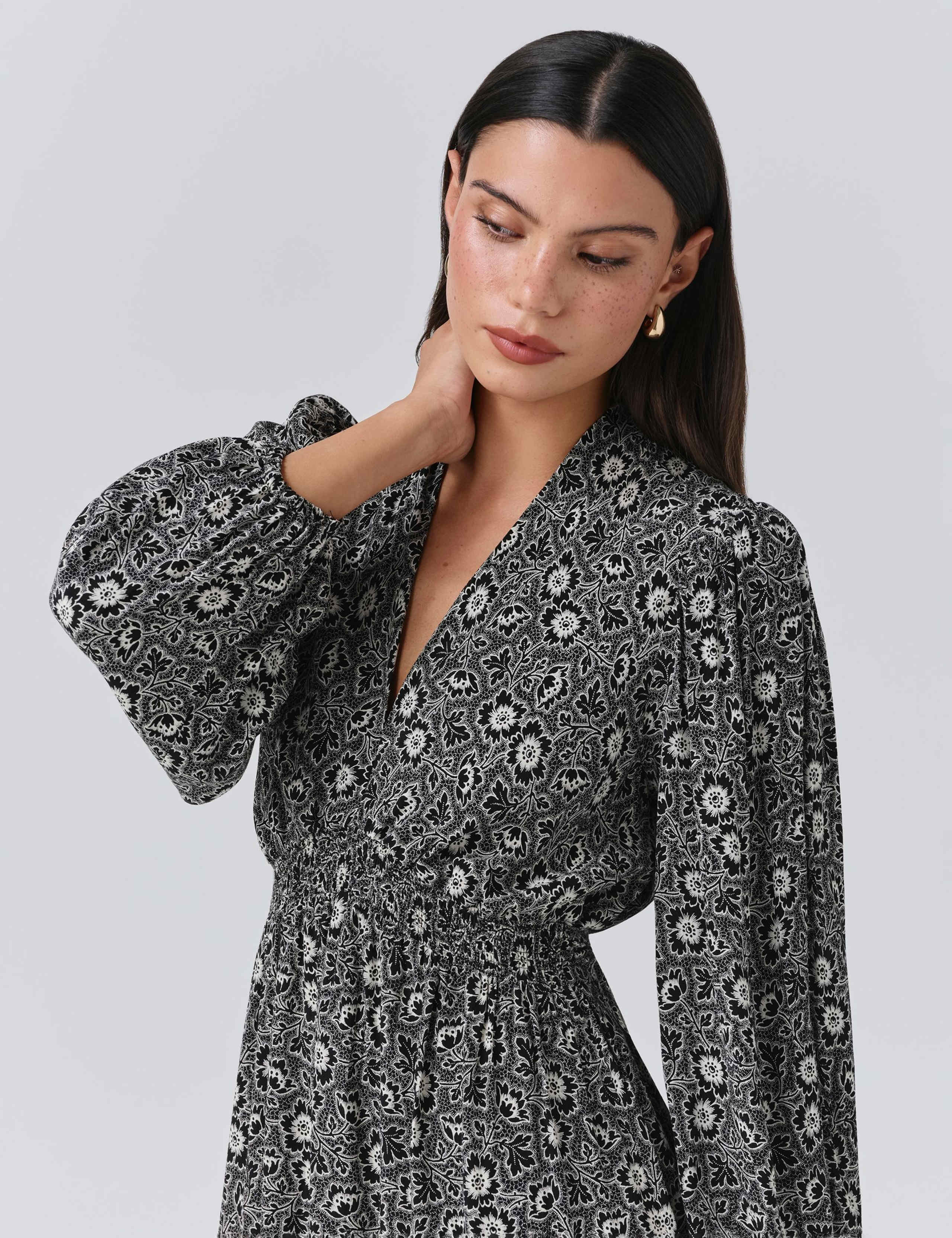 Crepe Floral V-Neck Midi Waisted Dress 5 of 5