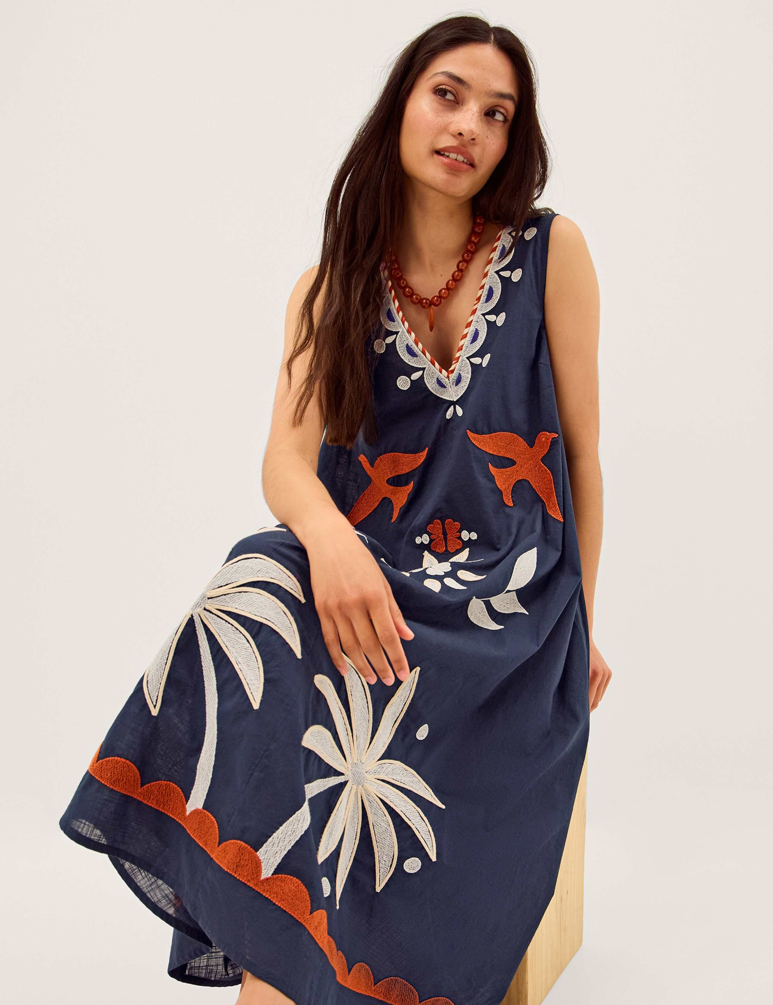 Pure Cotton Embroidered Midi Shift Dress 3 of 6