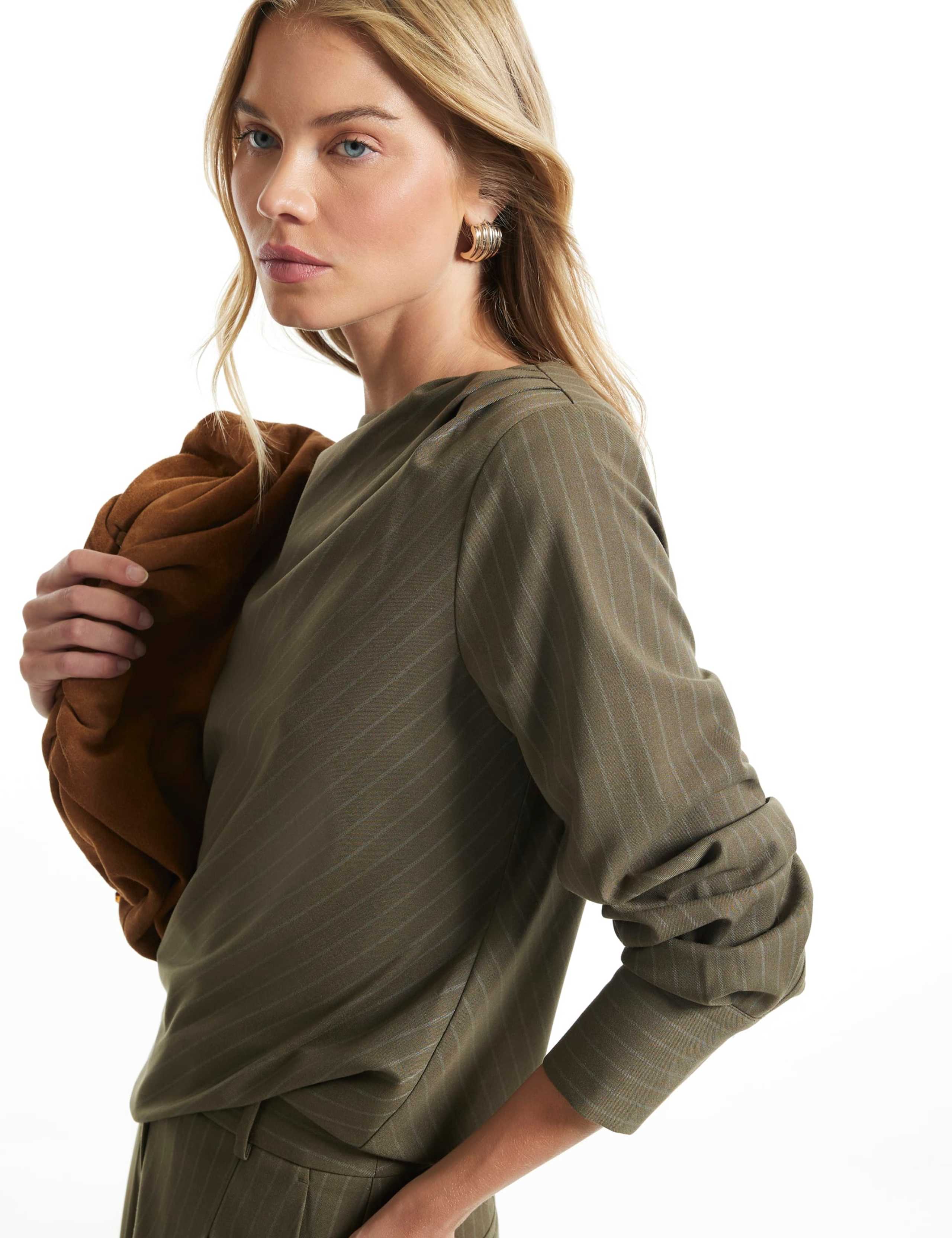 Wool Blend Striped Ruched Neck Blouse 4 of 6