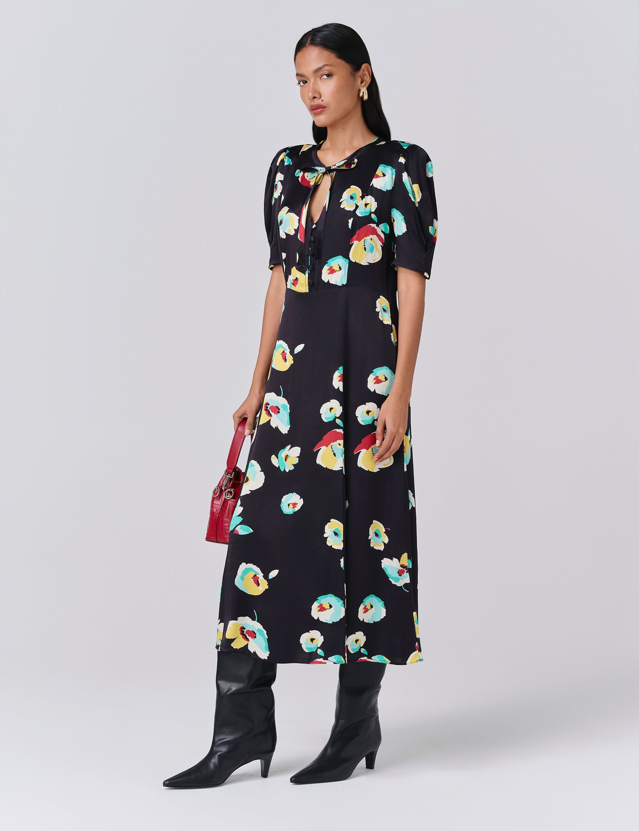 Satin Floral Tie Neck Midi Tea Dress 2 of 5
