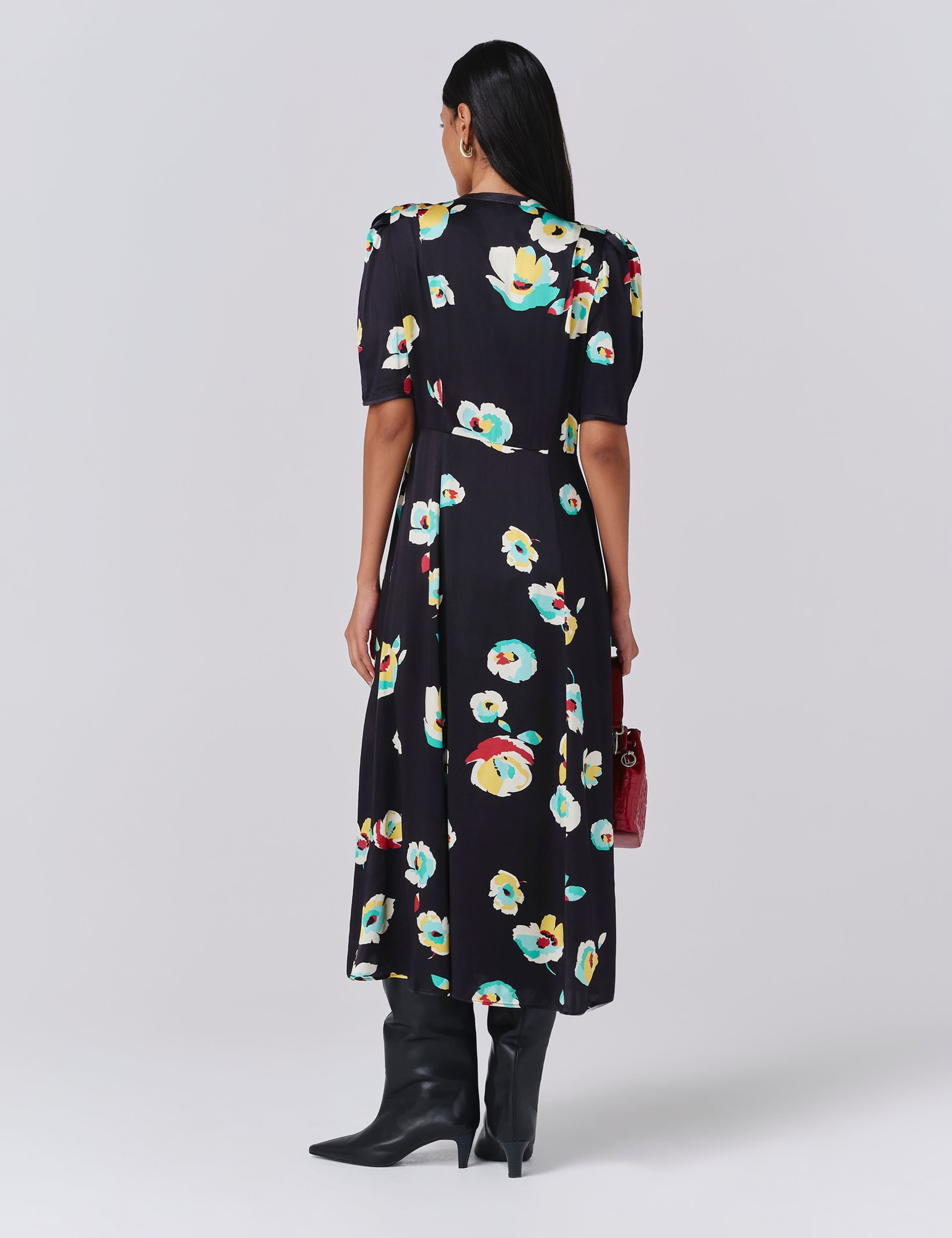 Satin Floral Tie Neck Midi Tea Dress 3 of 5