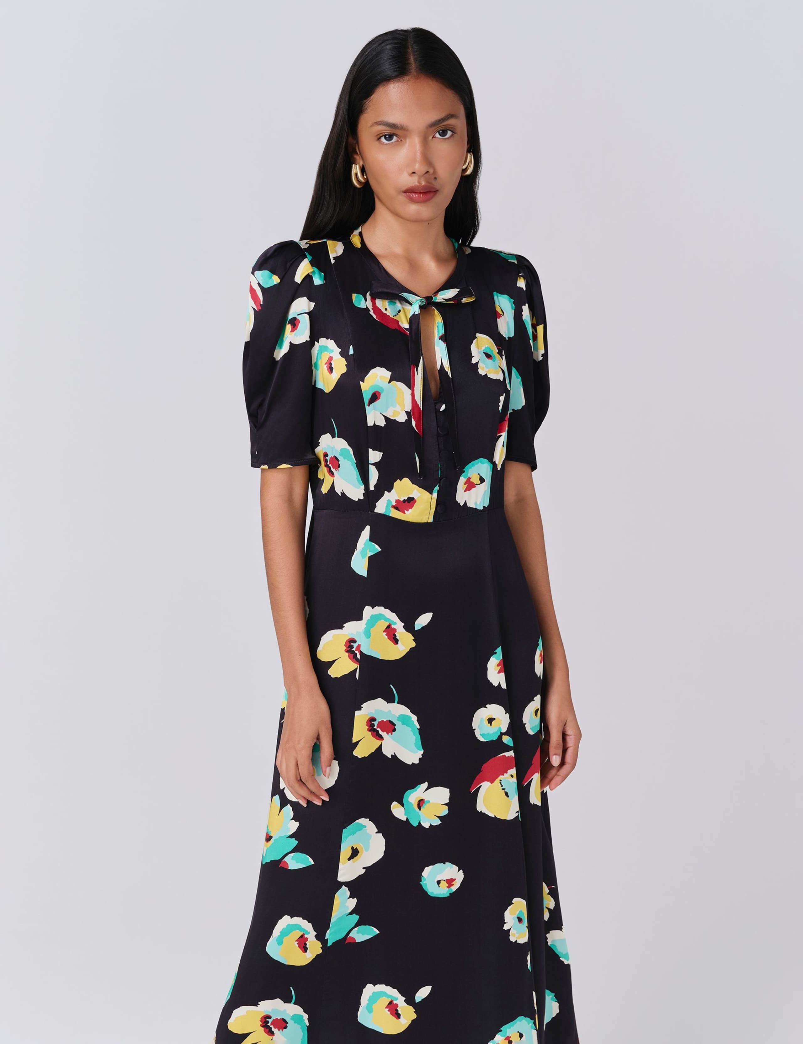 Satin Floral Tie Neck Midi Tea Dress 4 of 5