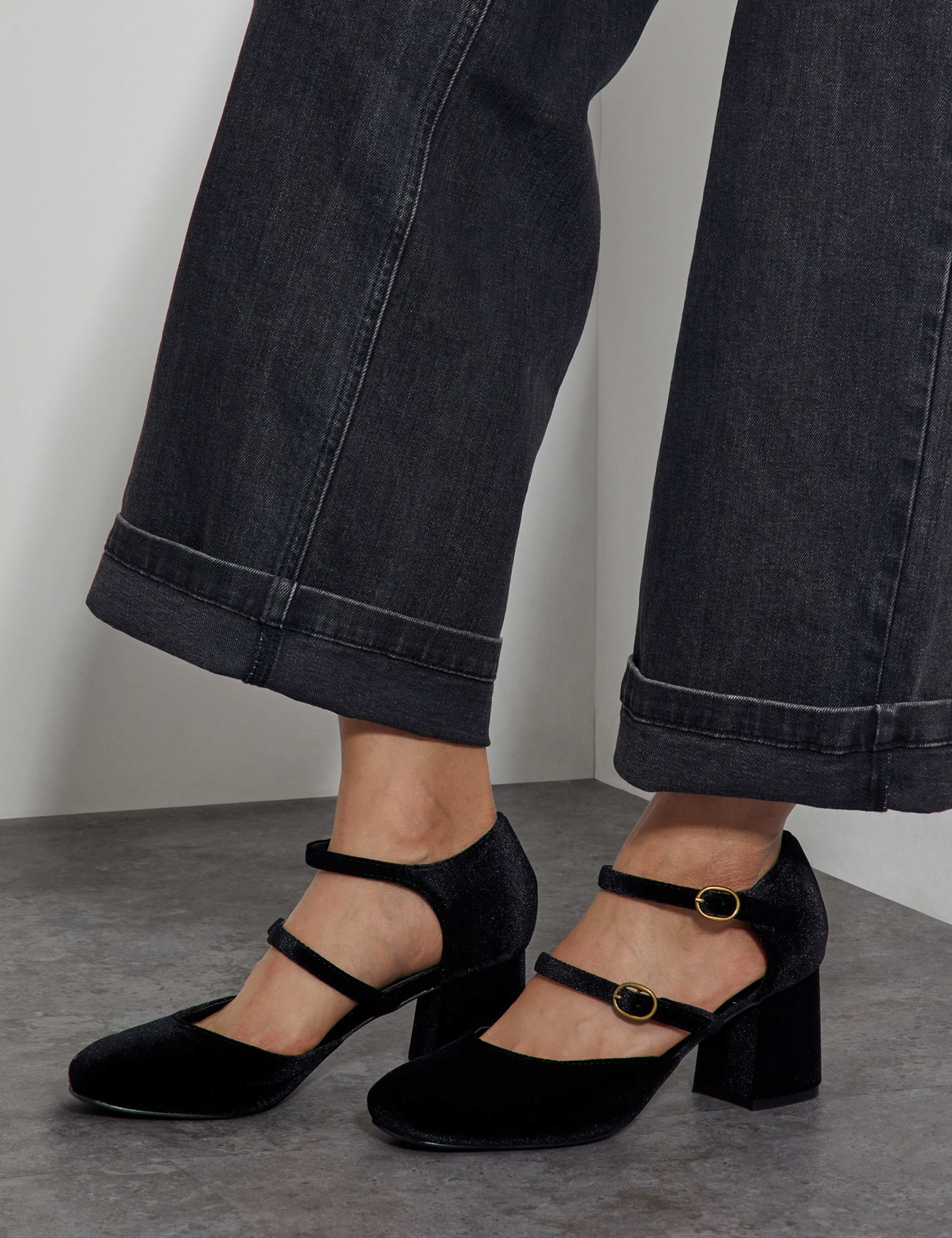 Velvet Ankle Strap Block Heel Sandals 1 of 1
