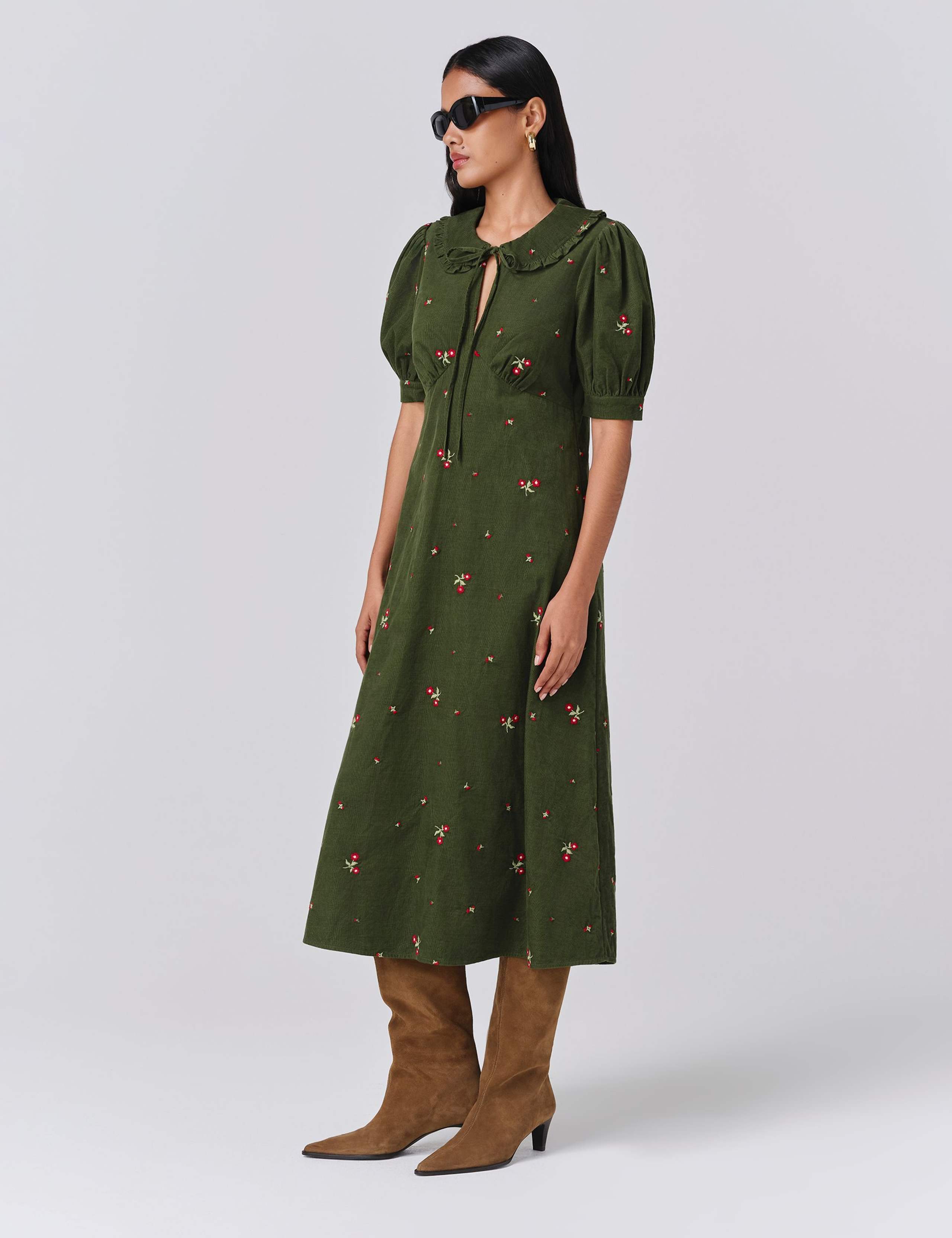 Pure Cotton Cord Embroidered Tie Neck Dress 2 of 5