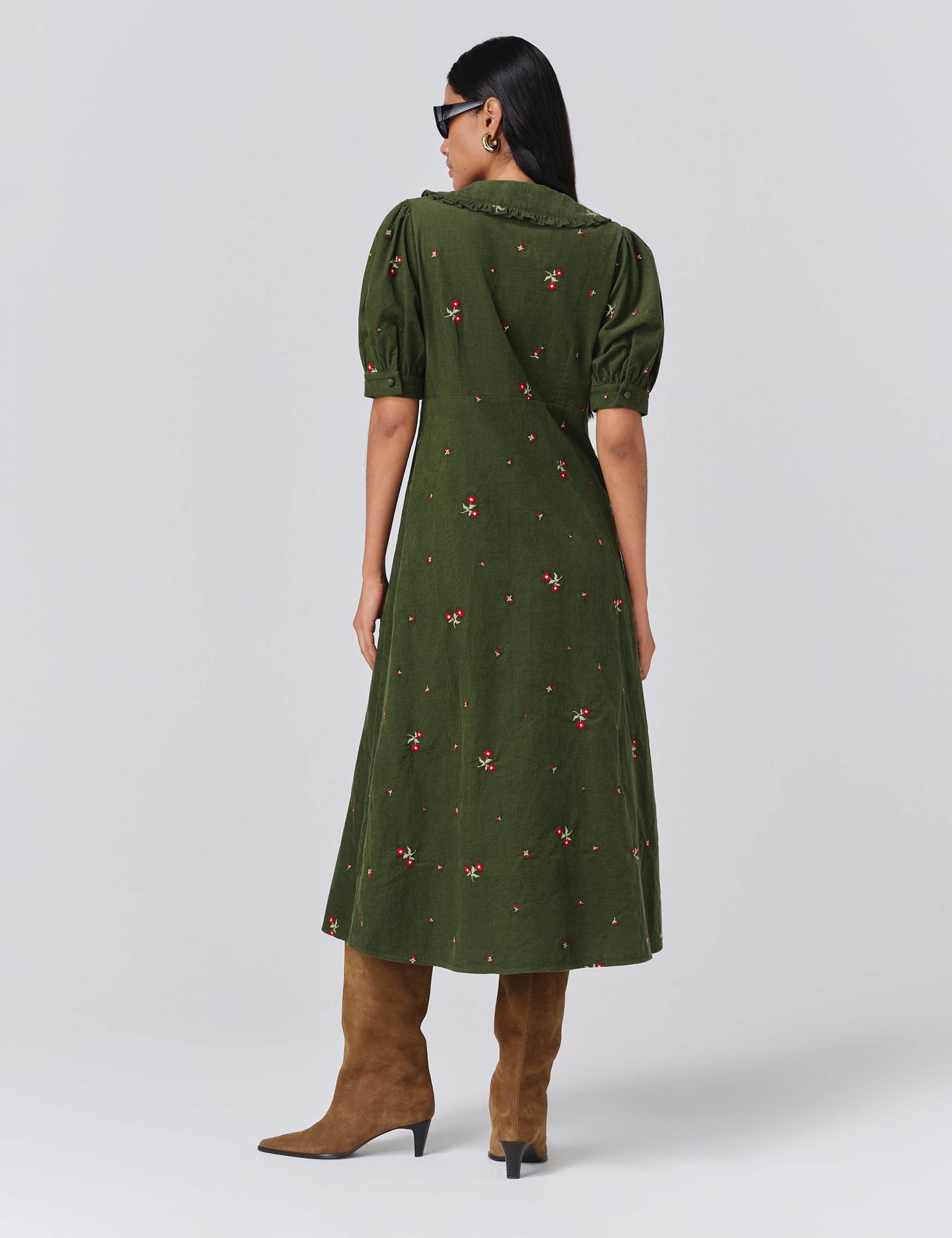 Pure Cotton Cord Embroidered Tie Neck Dress 3 of 5