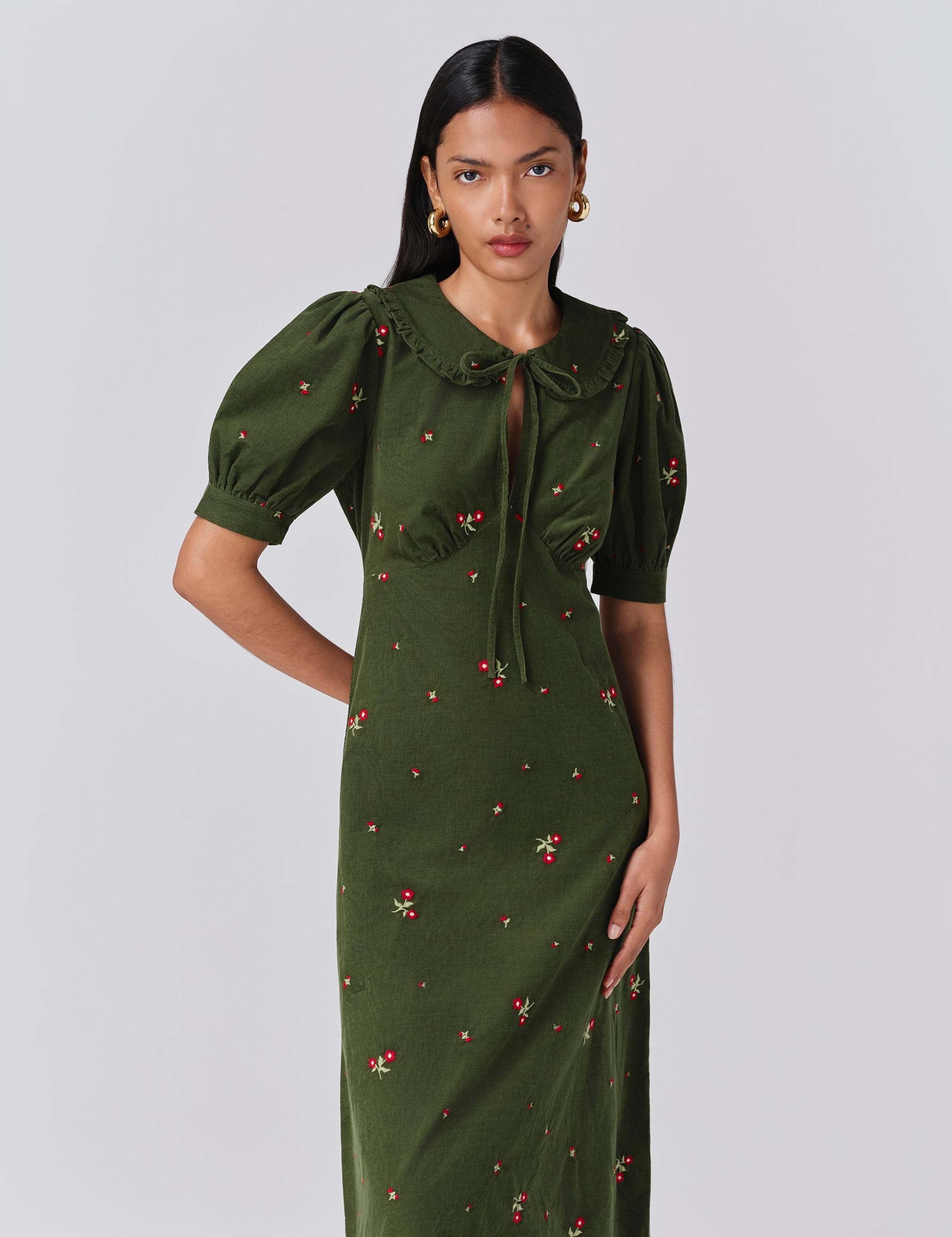 Pure Cotton Cord Embroidered Tie Neck Dress 4 of 5
