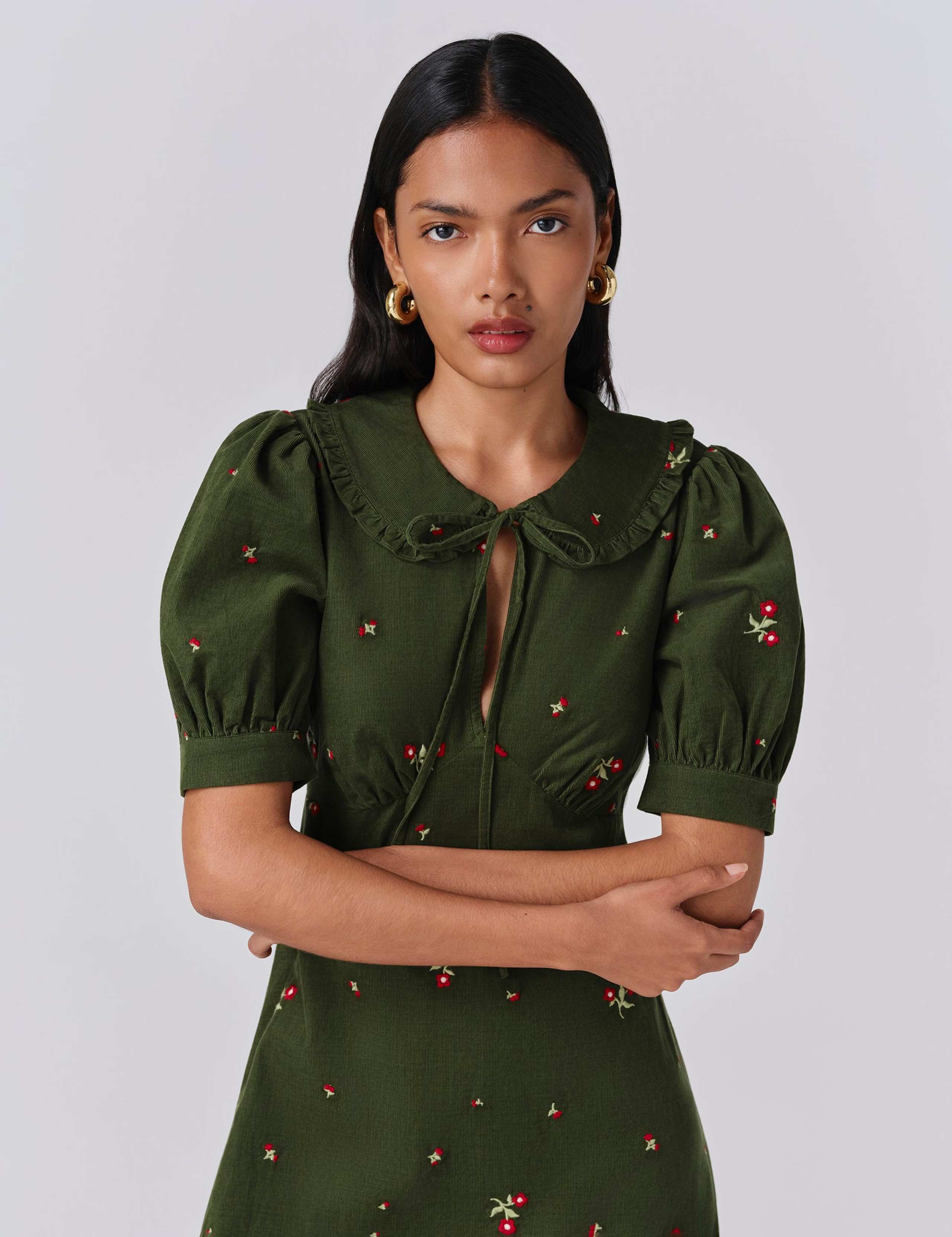 Pure Cotton Cord Embroidered Tie Neck Dress 5 of 5