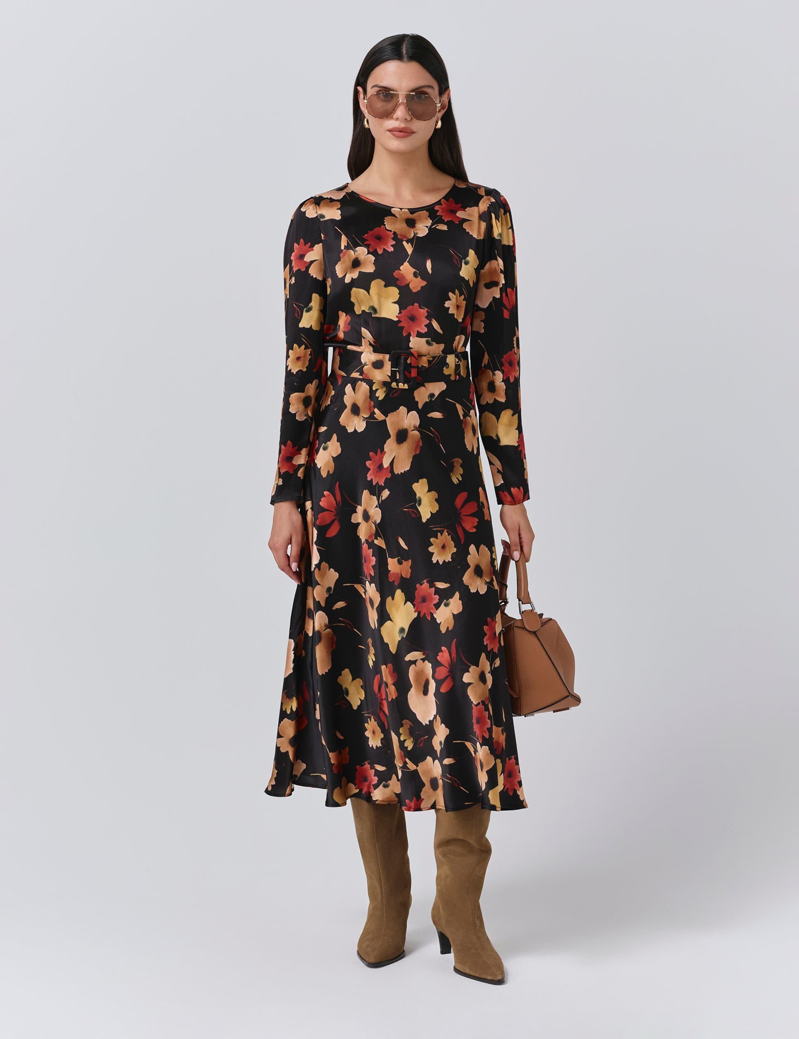 Satin Floral Belted Midi Dress 1 of 5