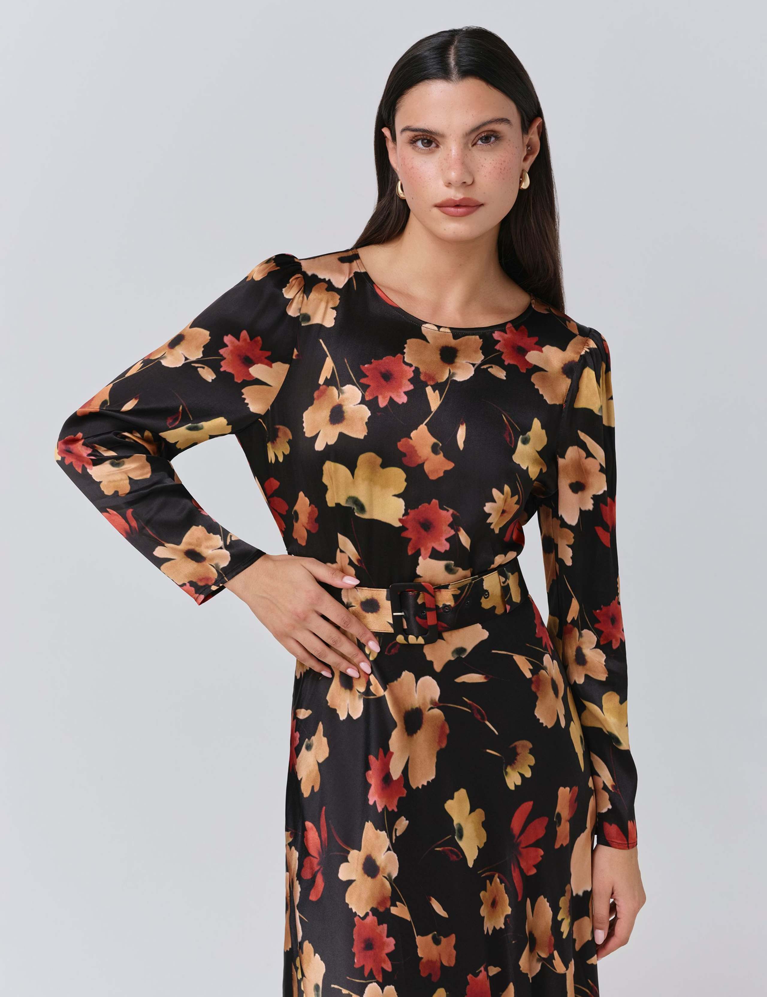 Satin Floral Belted Midi Dress 2 of 5