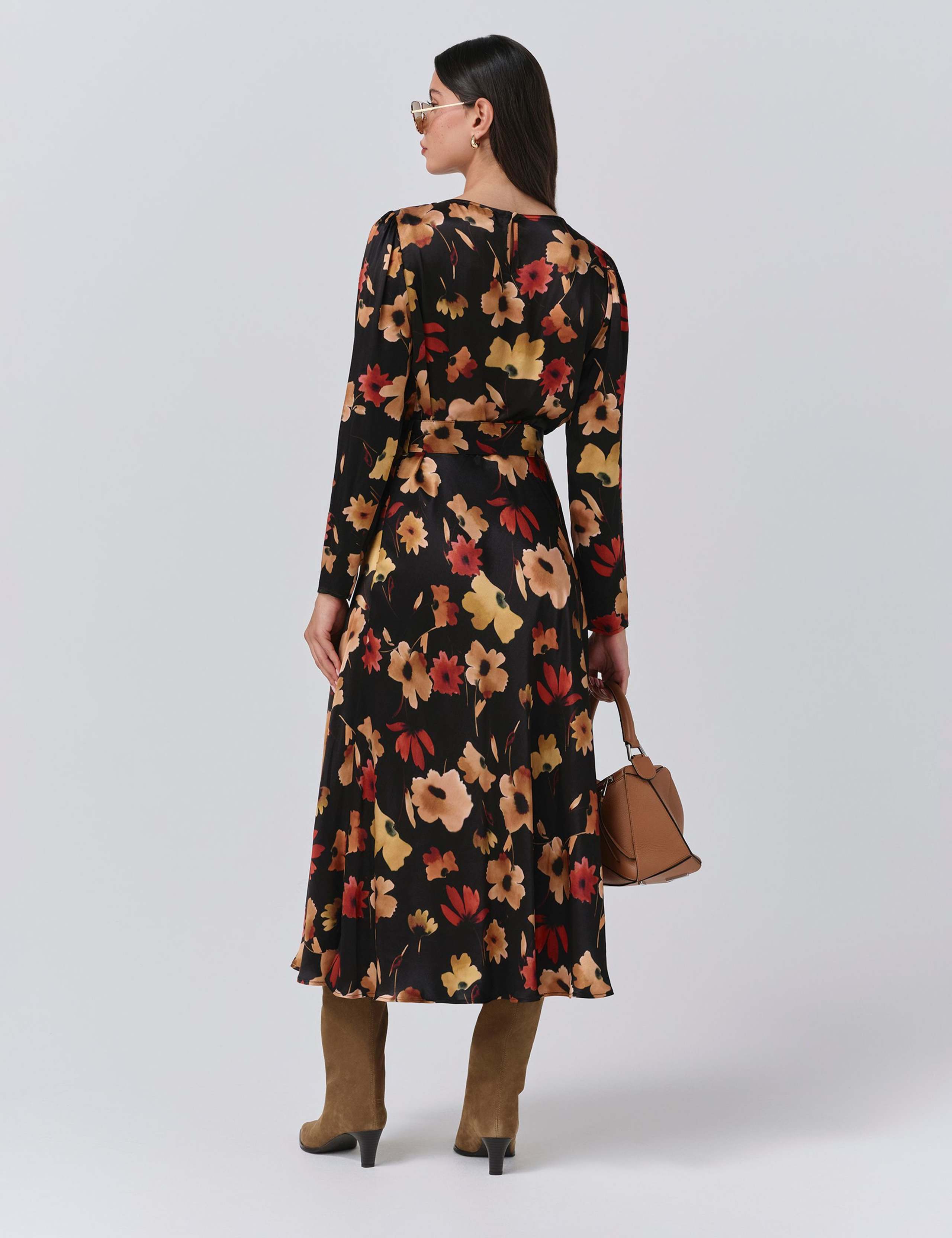 Satin Floral Belted Midi Dress 3 of 5