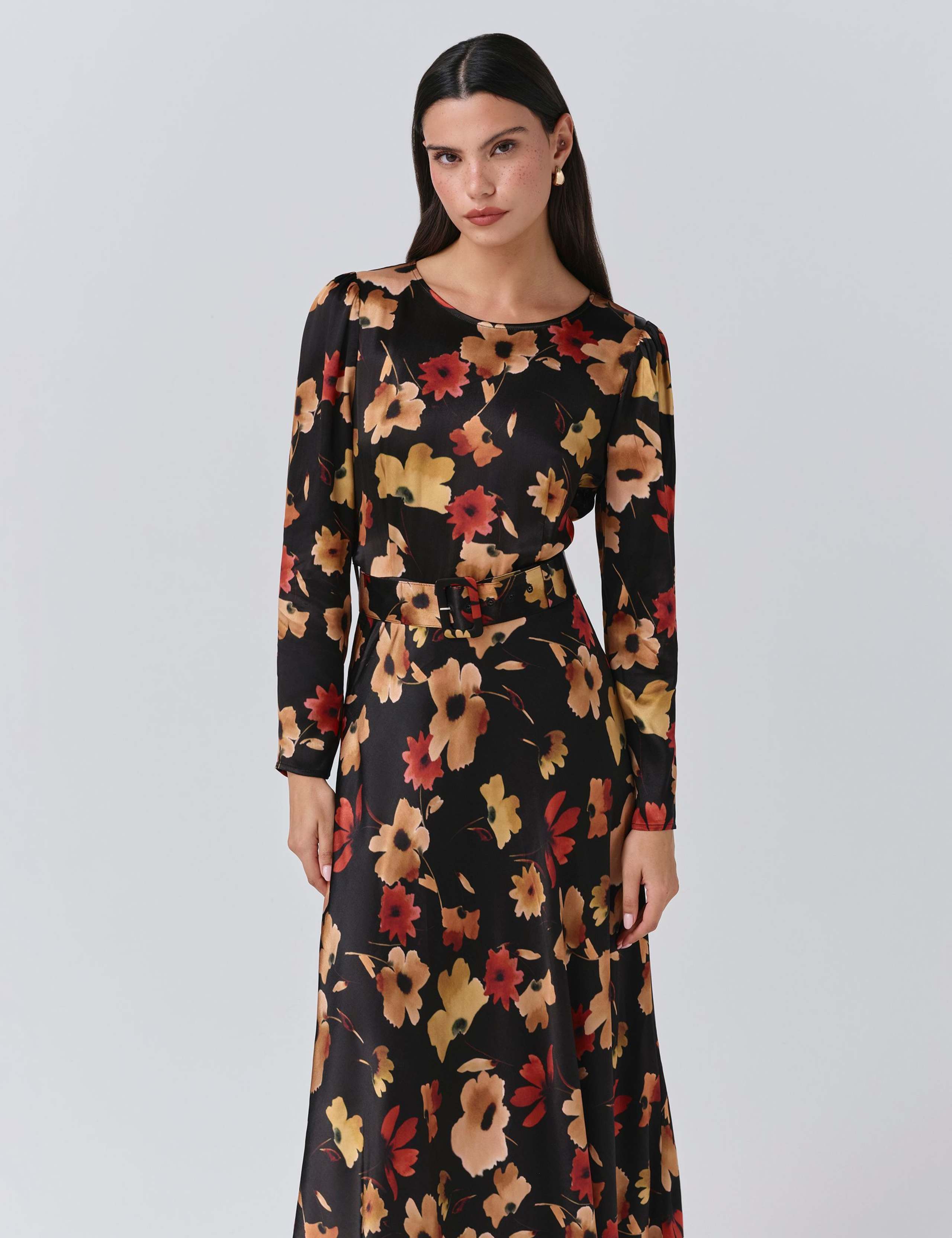 Satin Floral Belted Midi Dress 4 of 5