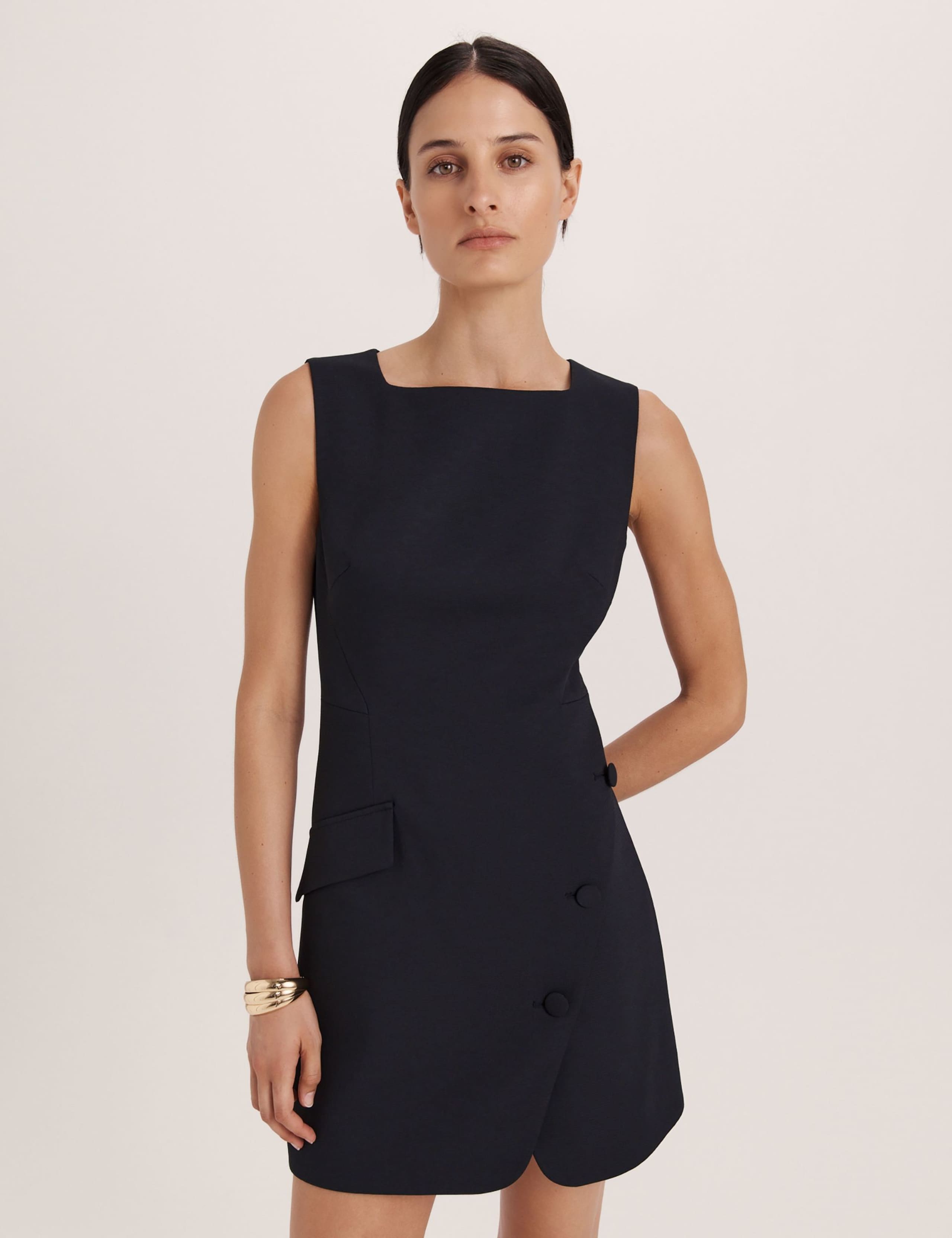 Square Neck Button Feature Mini Shift Dress 2 of 7