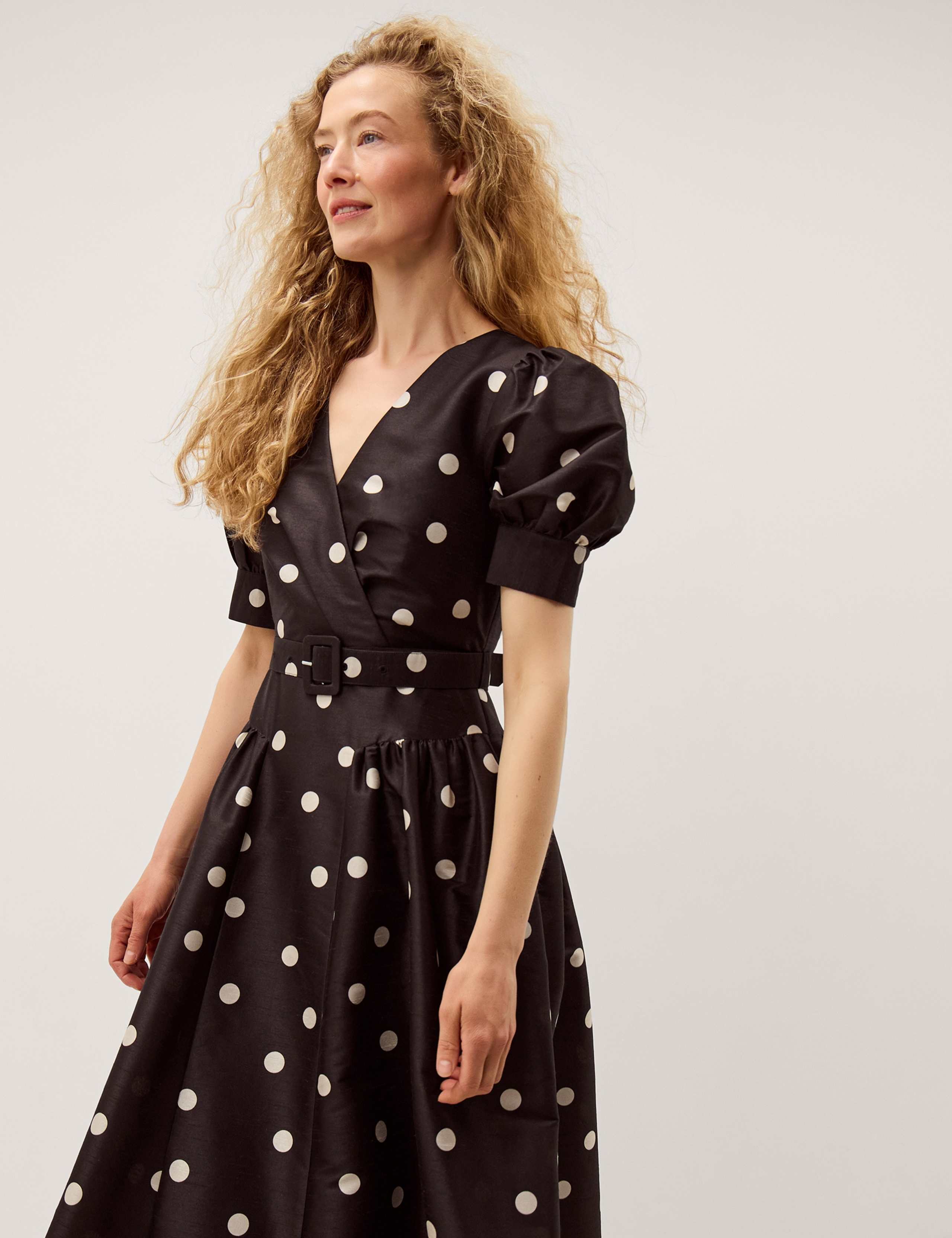 Polka Dot V-Neck Belted Midi Tea Dress 2 of 4