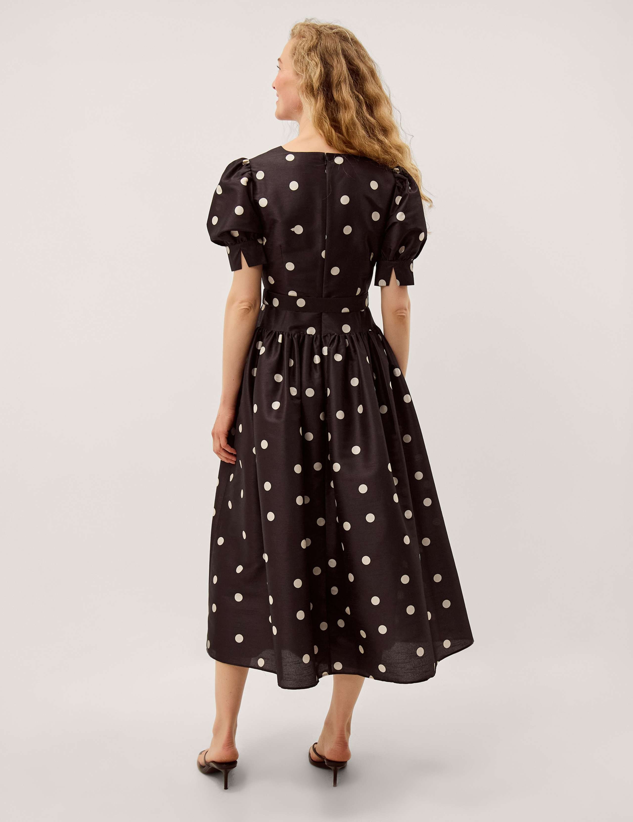 Polka Dot V-Neck Belted Midi Tea Dress 3 of 4