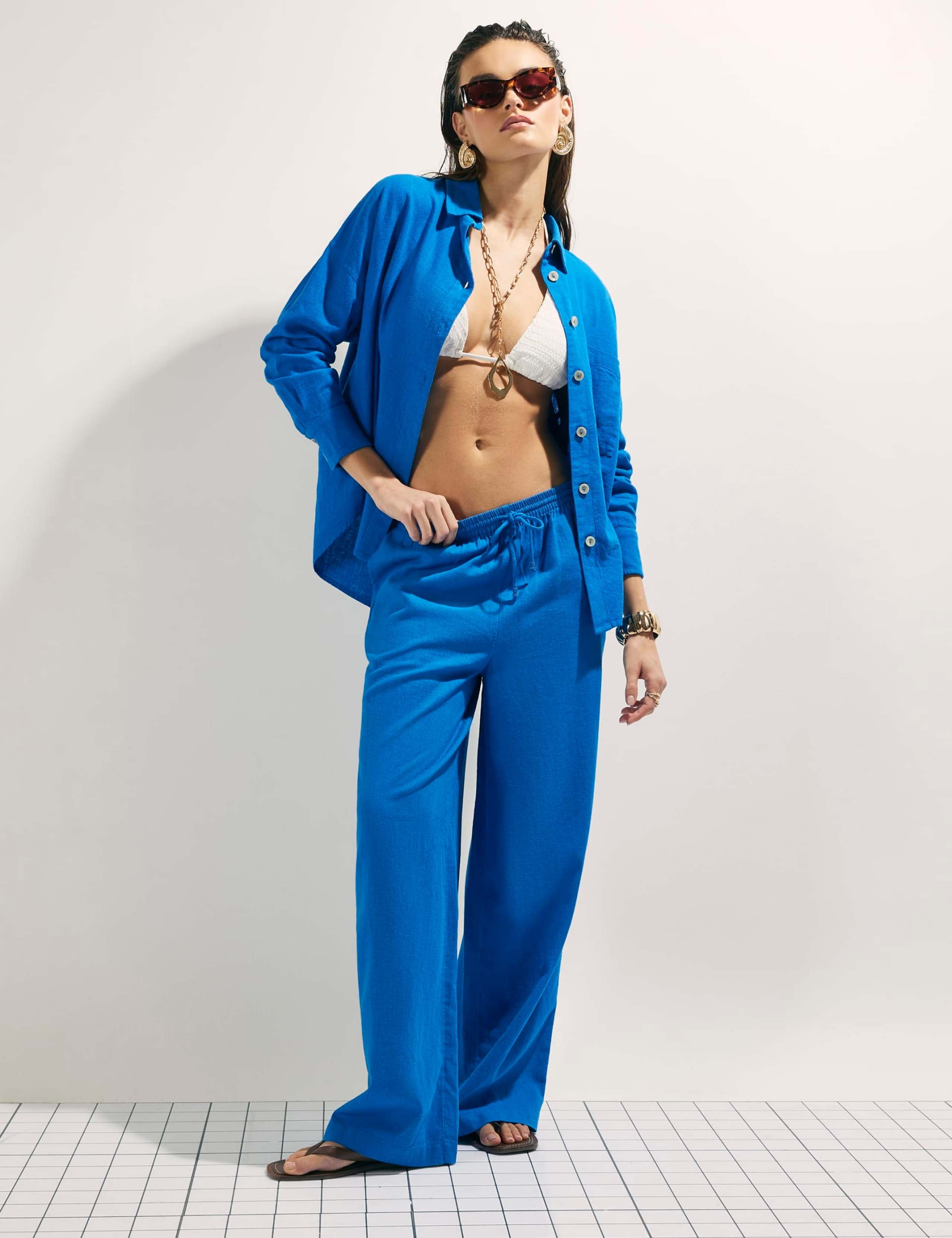 Linen Rich Drawstring Wide Leg Trousers 1 of 4