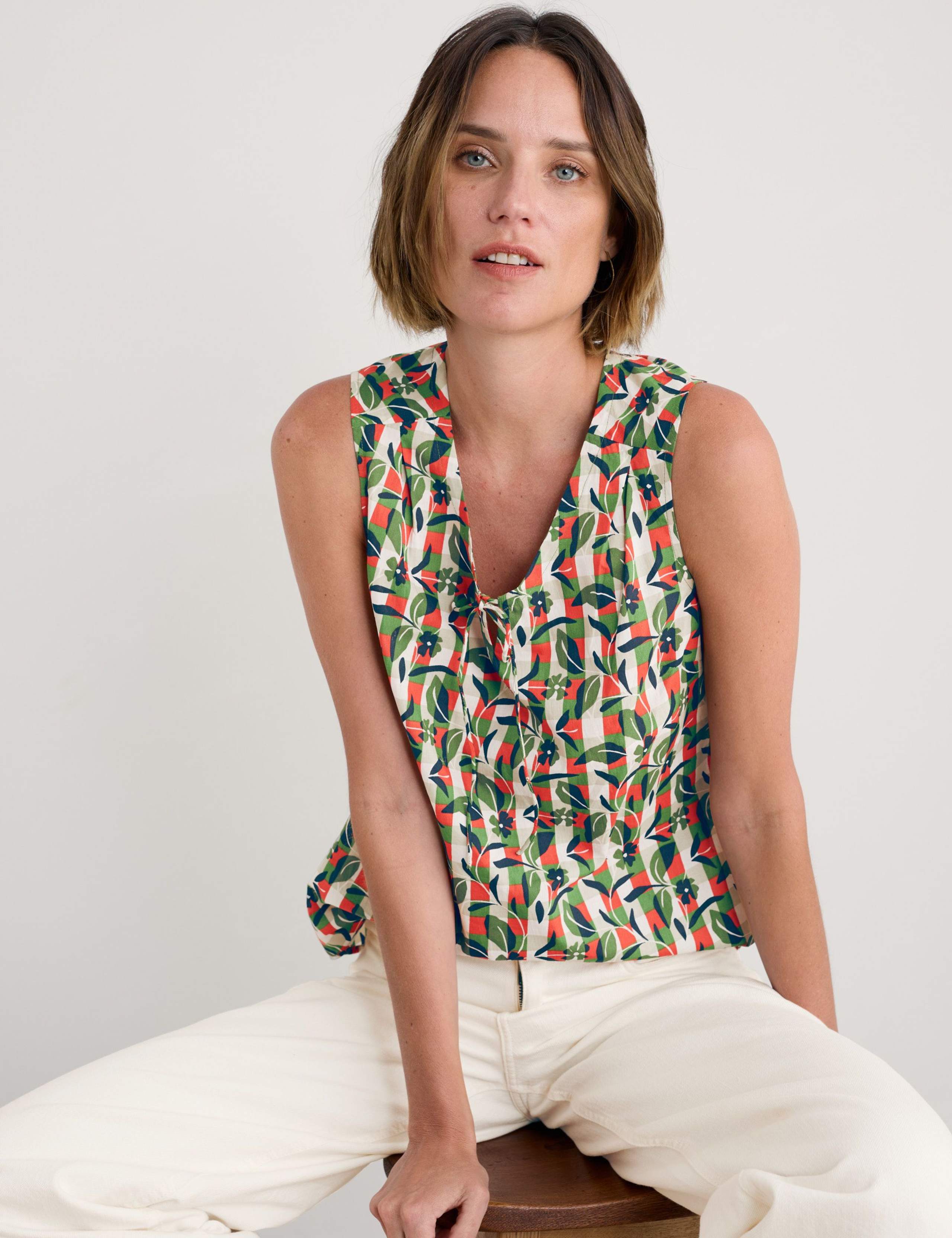 Pure Cotton Floral Tie Neck Vest Top 3 of 4