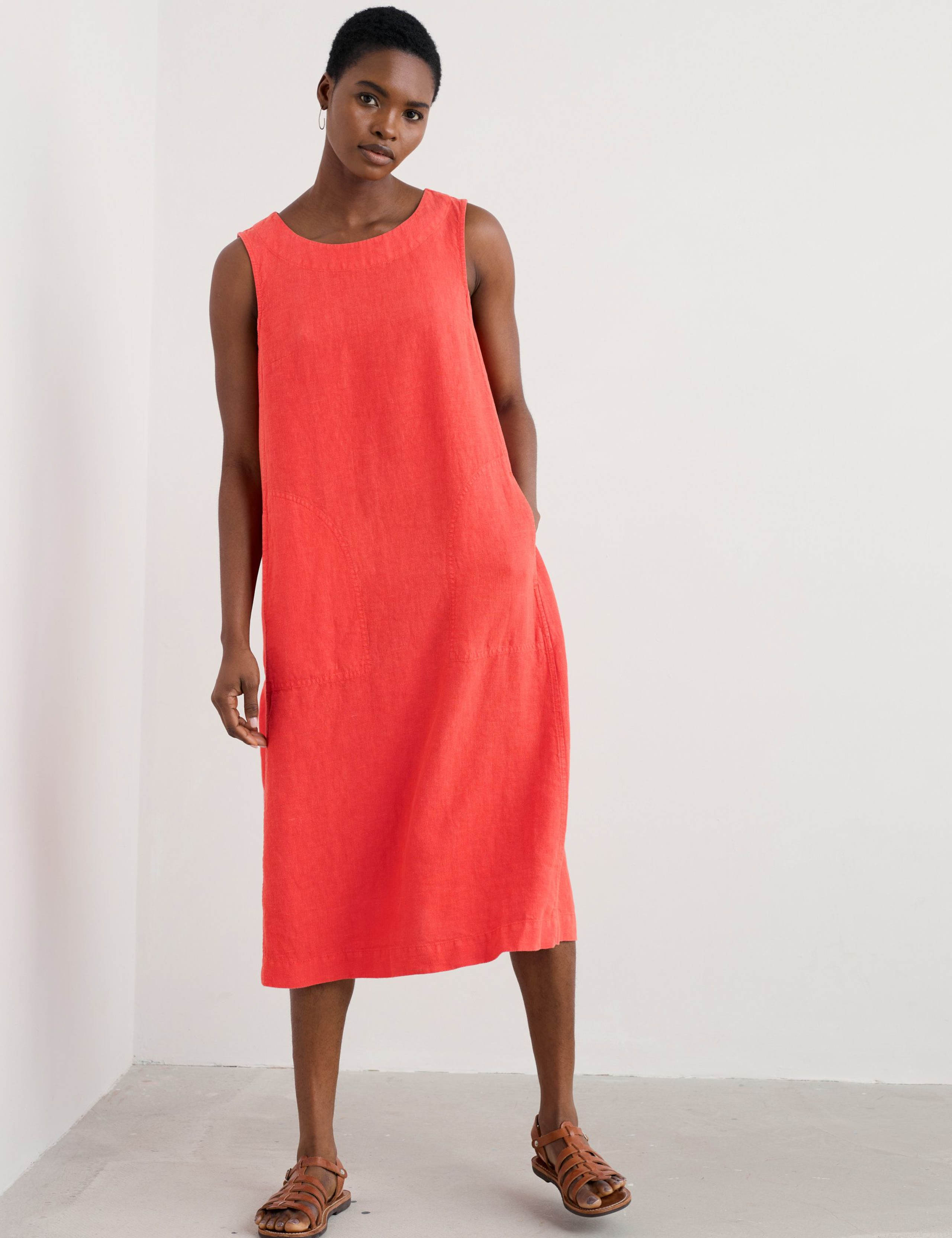 Pure Linen Round Neck Midi Beach Dress 3 of 5