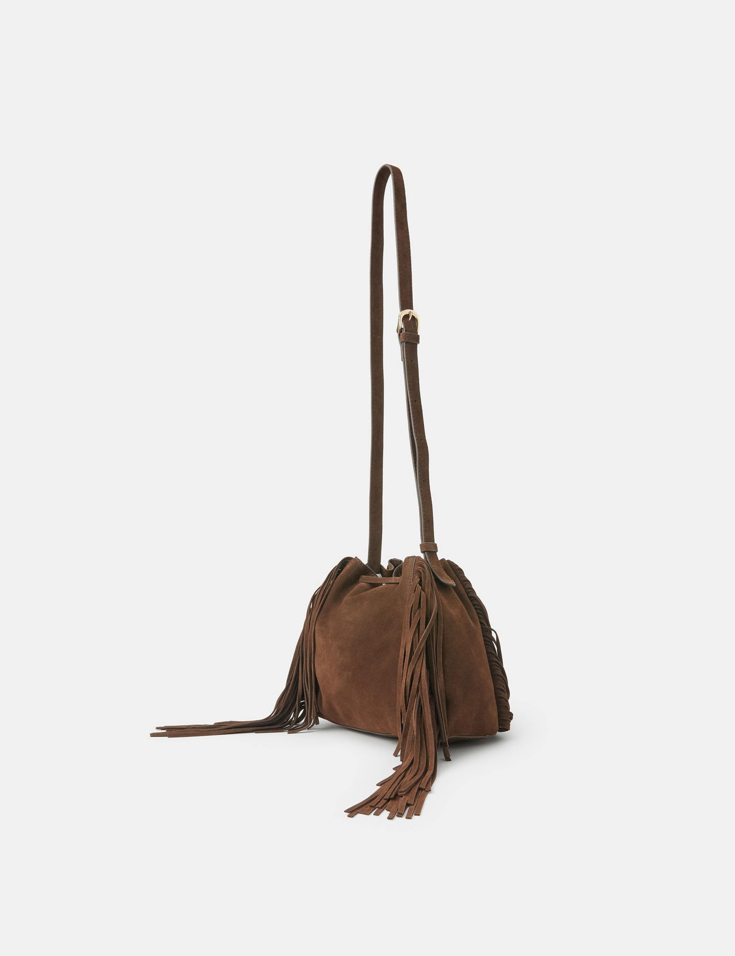 Suede Drawstring Fringe Bucket Bag 2 of 4