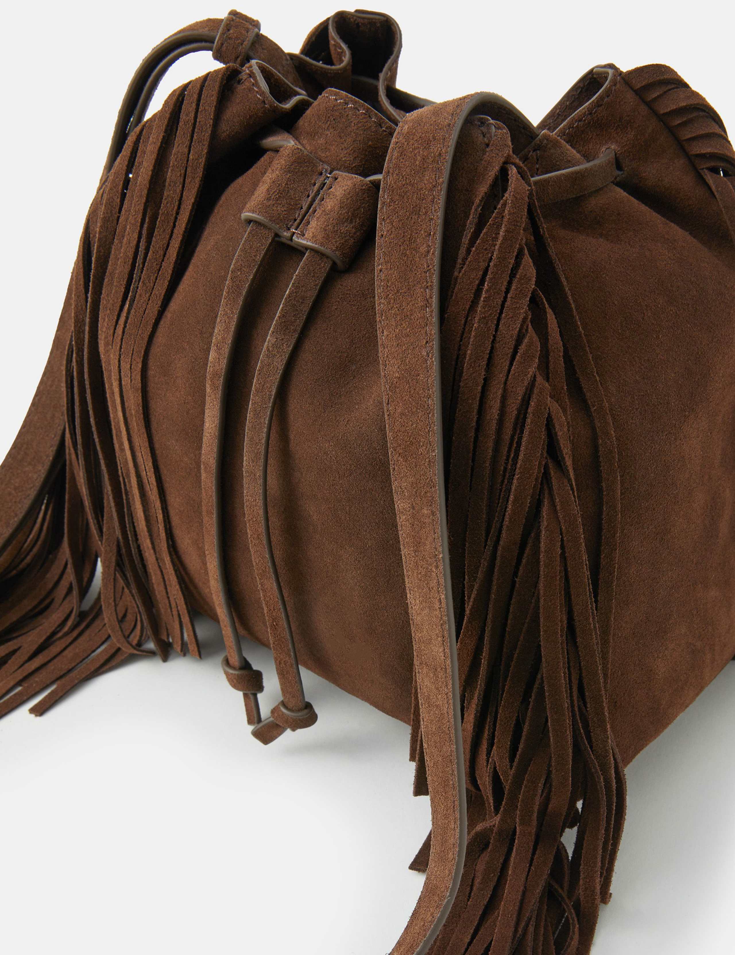 Suede Drawstring Fringe Bucket Bag 3 of 4