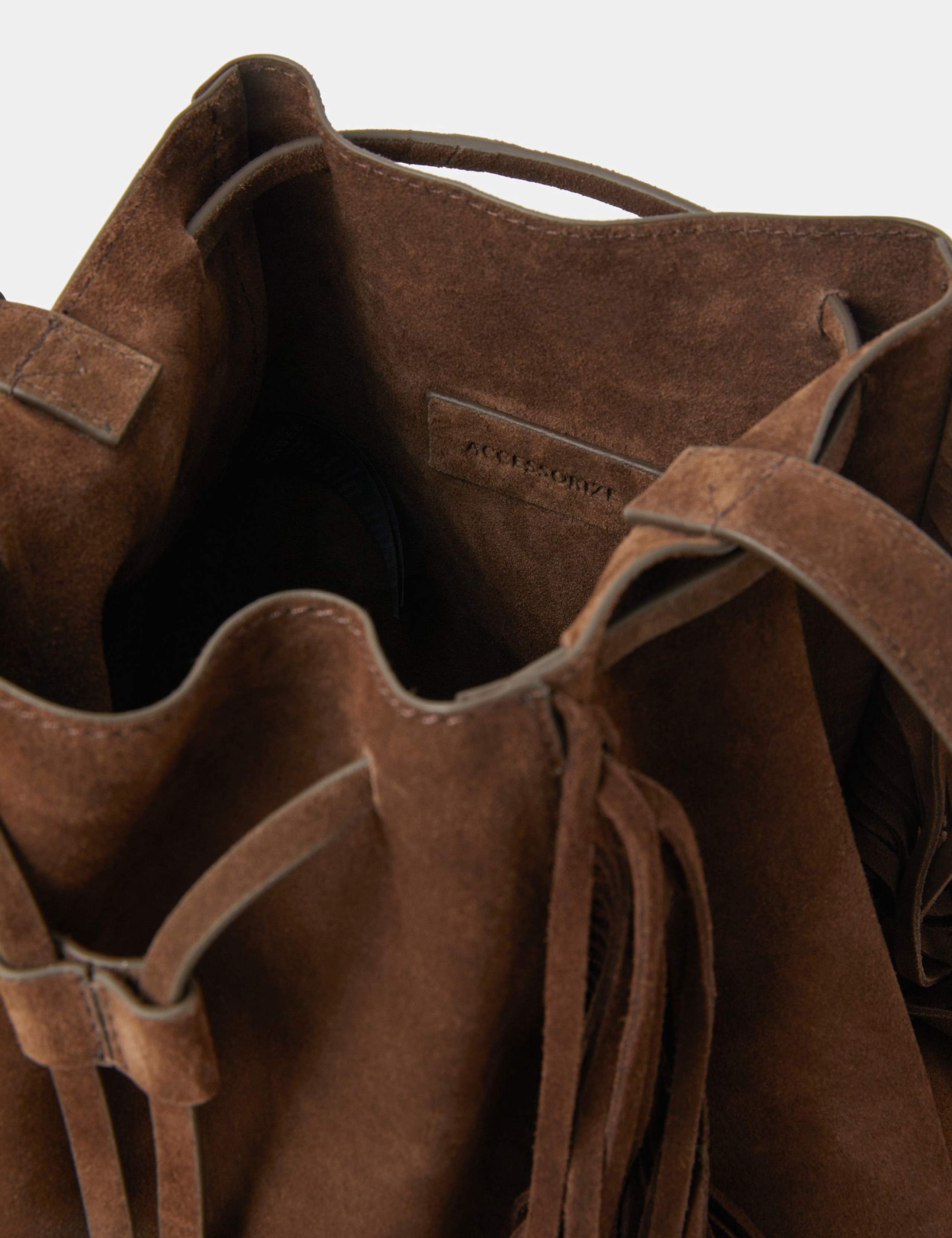 Suede Drawstring Fringe Bucket Bag 4 of 4