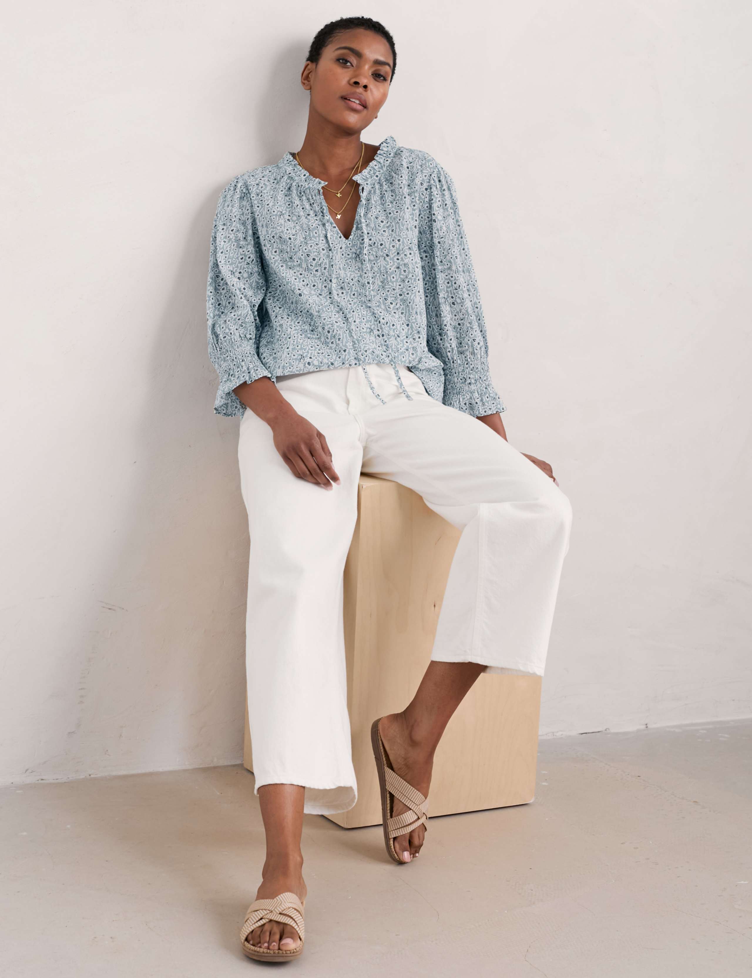 Pure Cotton Floral Tie Neck Popover Blouse 1 of 5