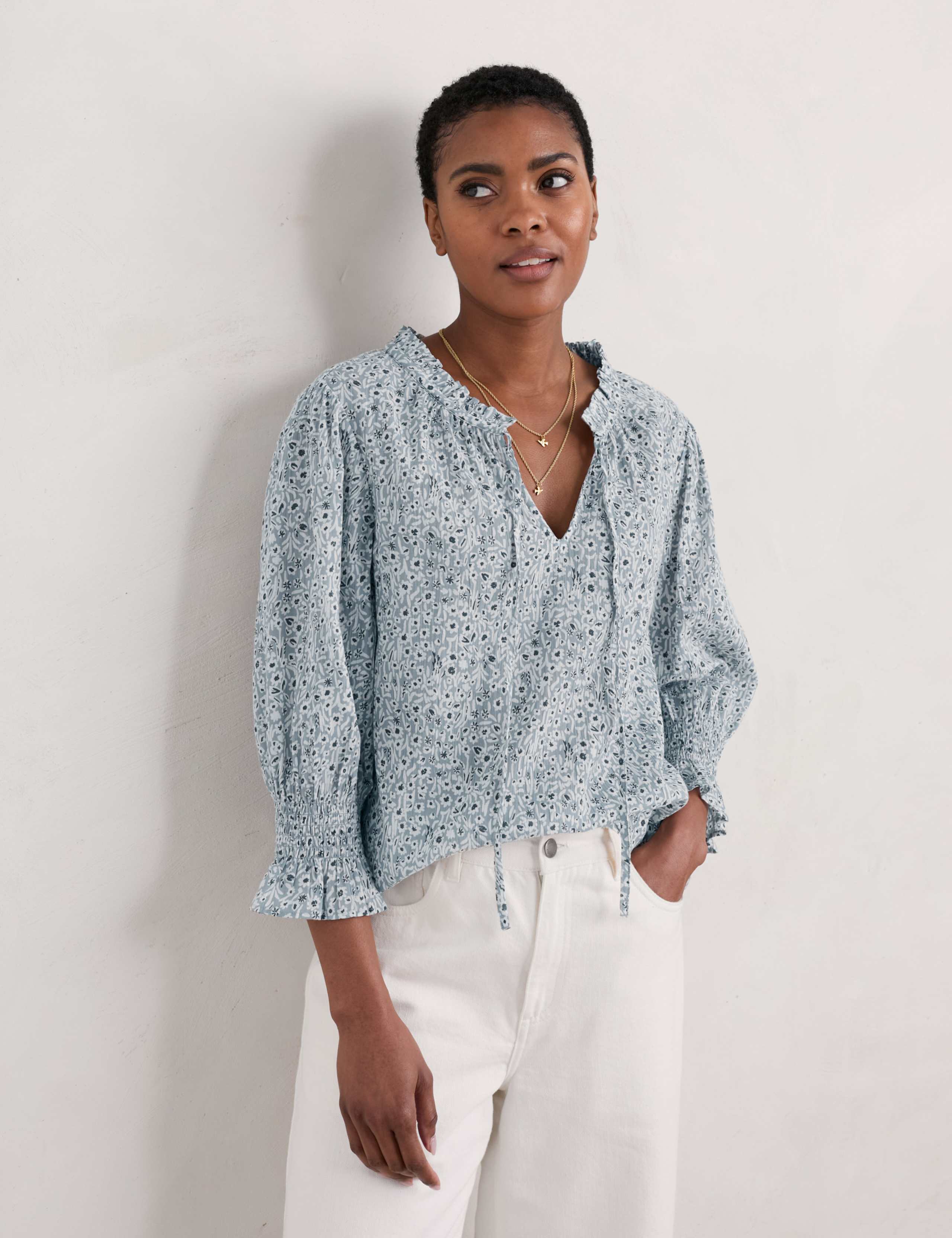 Pure Cotton Floral Tie Neck Popover Blouse 3 of 5