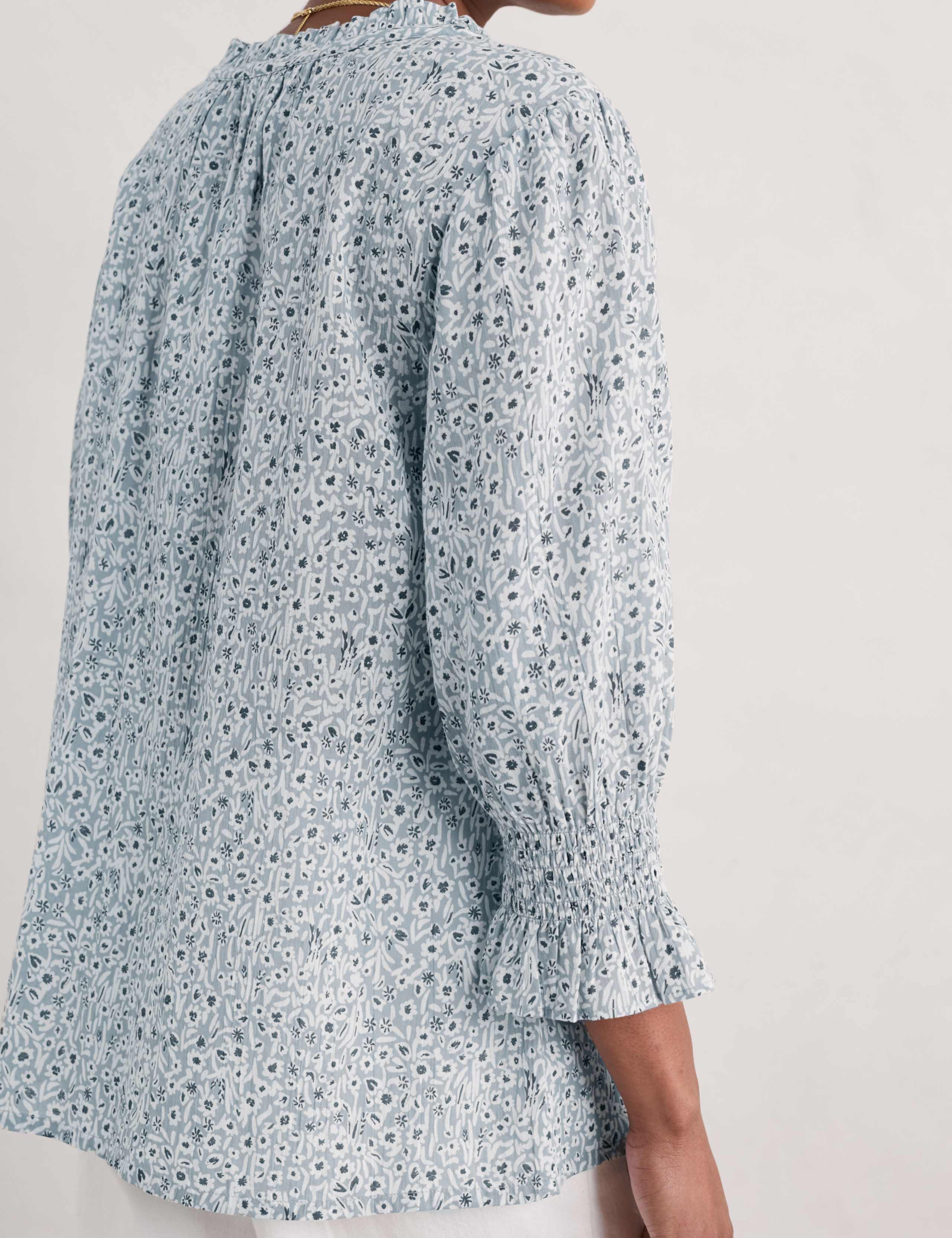 Pure Cotton Floral Tie Neck Popover Blouse 4 of 5