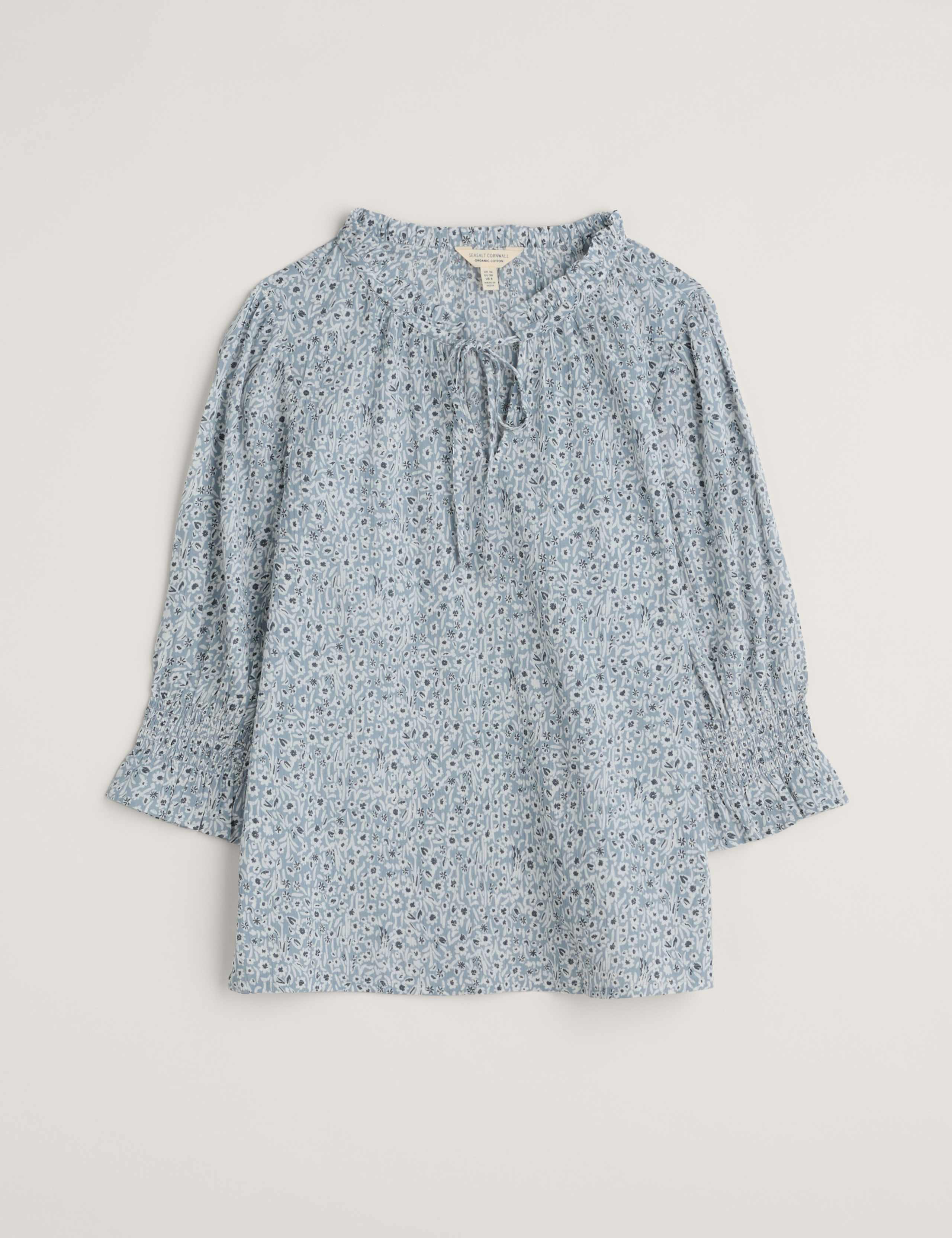 Pure Cotton Floral Tie Neck Popover Blouse 2 of 5