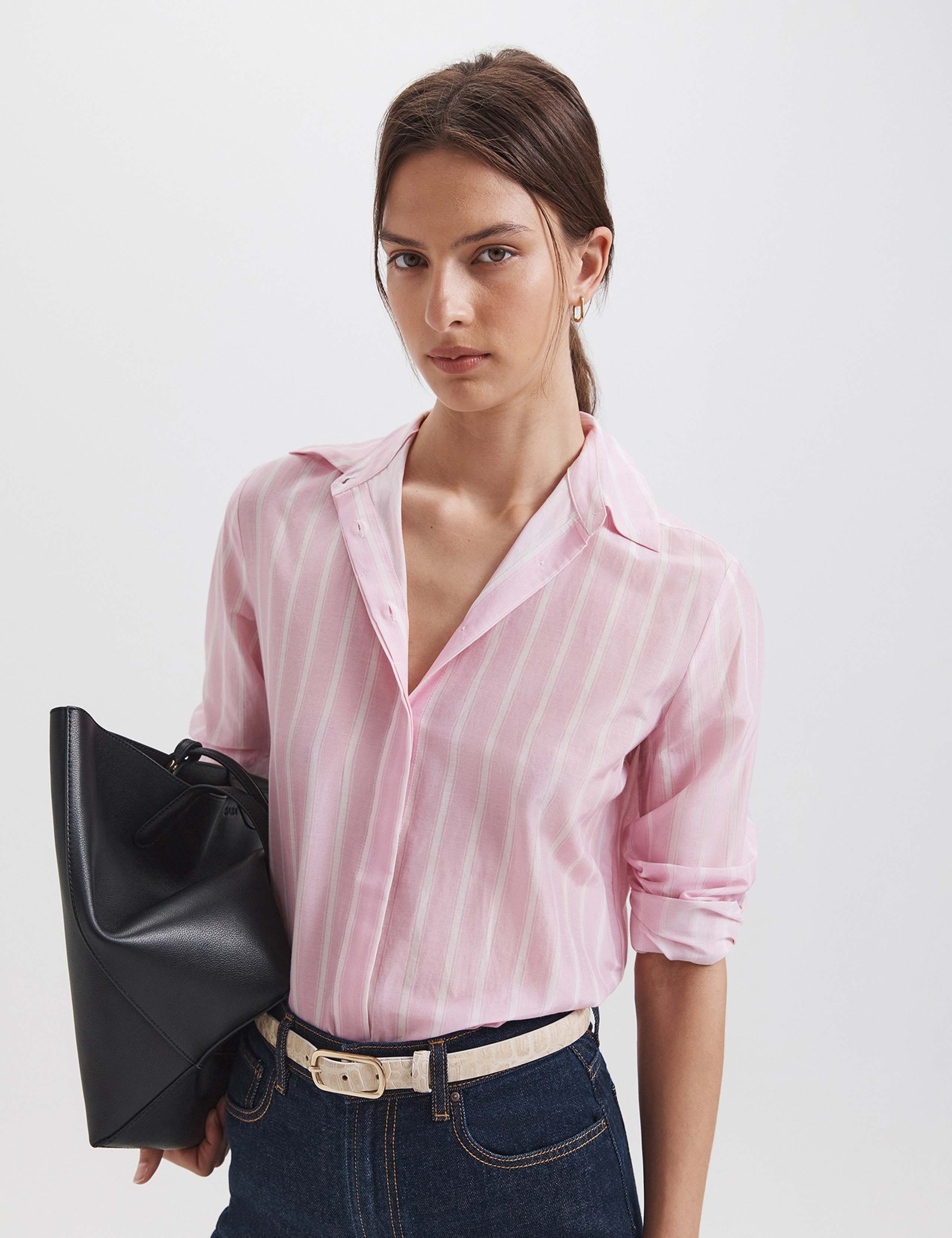 Striped Collared Cotton Silk Blend Long Sleeve Shirt 2 of 6