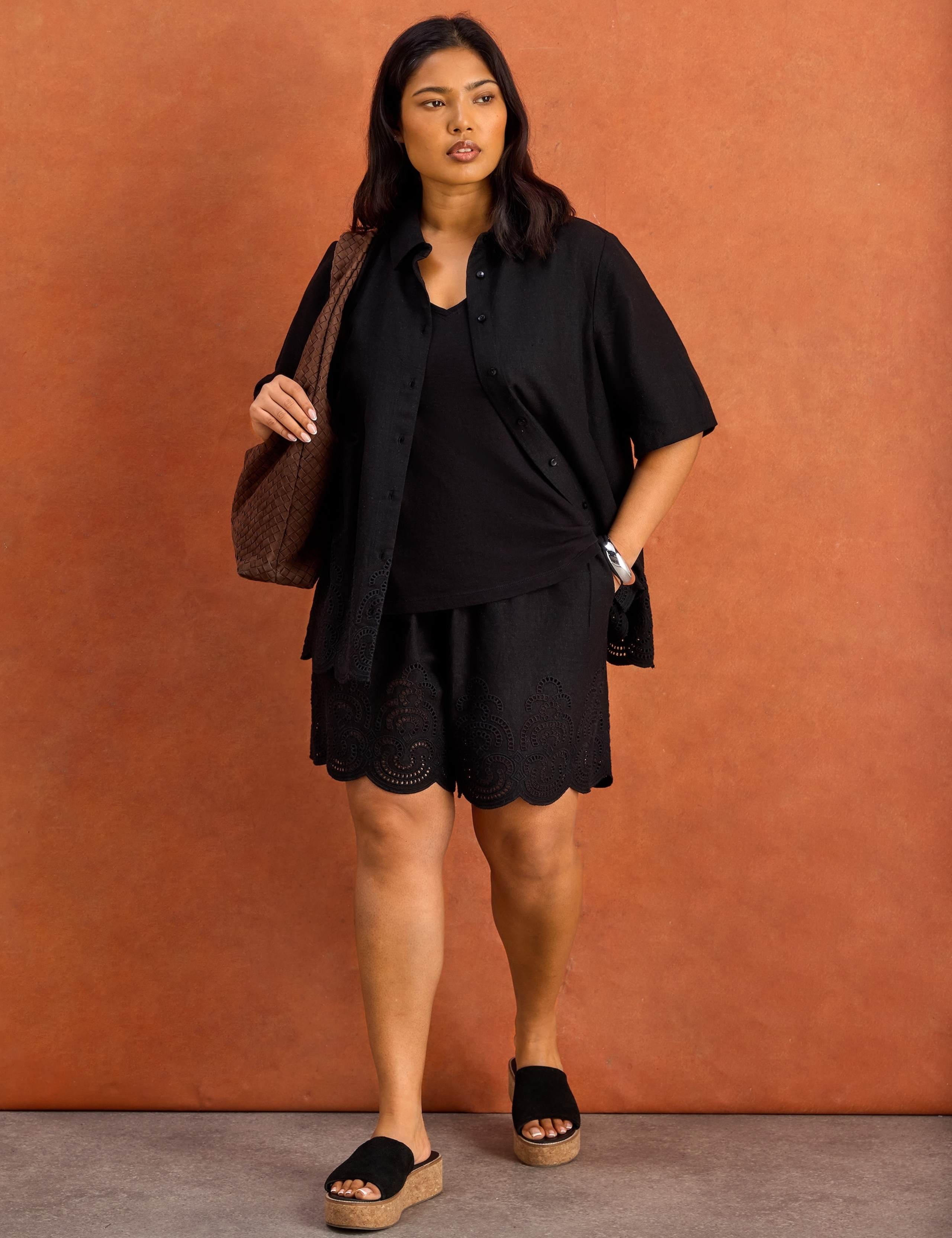 Linen Blend Broderie High Waisted Shorts 6 of 8