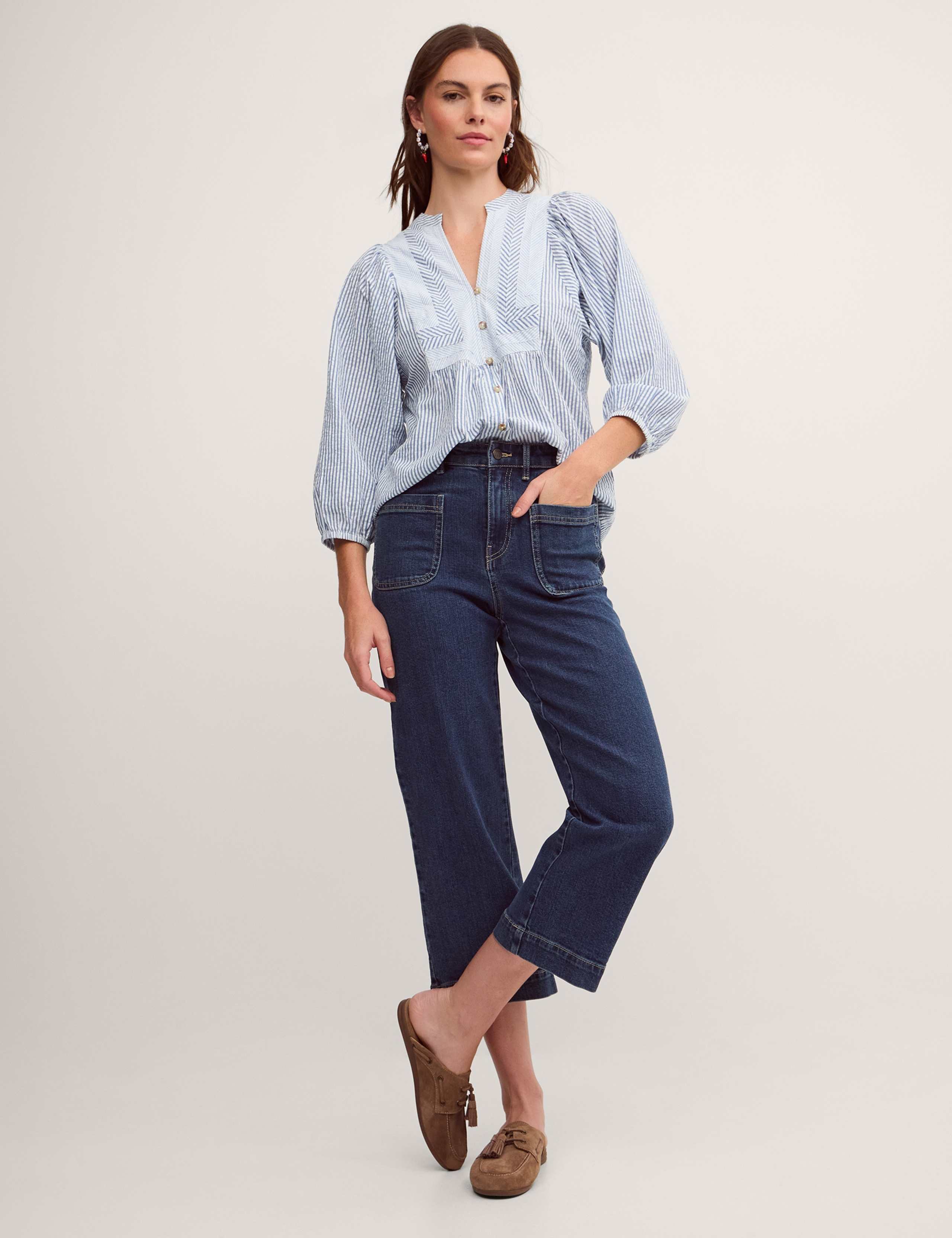 Pure Cotton Striped V-Neck Bib Detail Blouse 2 of 3