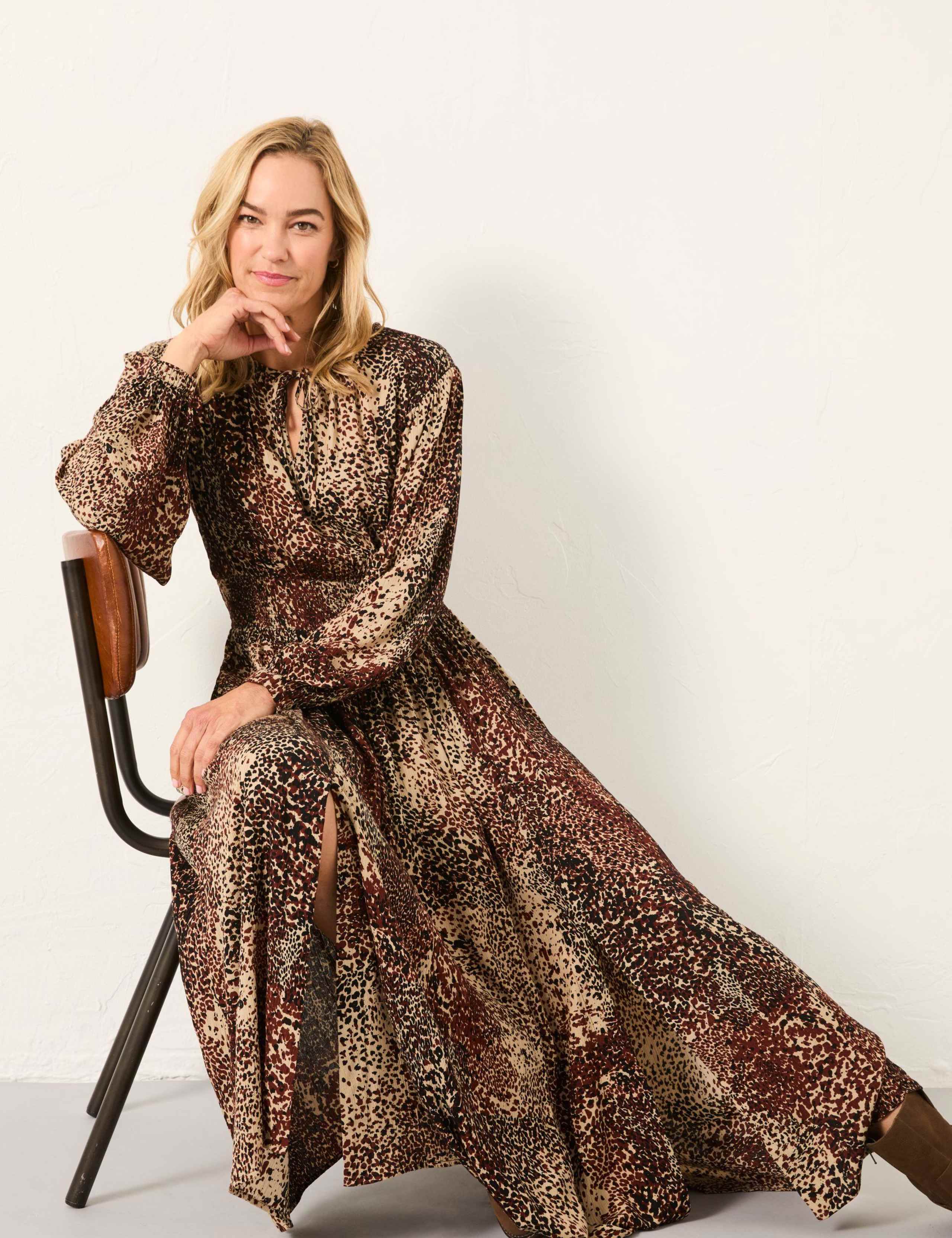 Animal Print Tie Neck Midi Waisted Dress 3 of 6