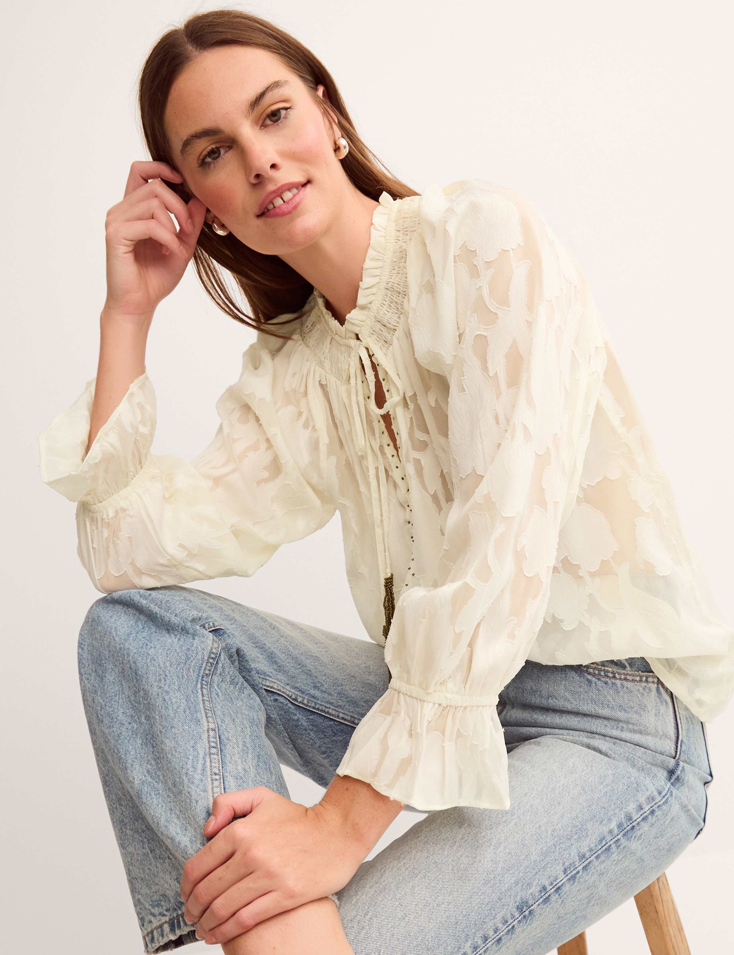 Jacquard Tie Neck Blouson Sleeve Blouse 2 of 4