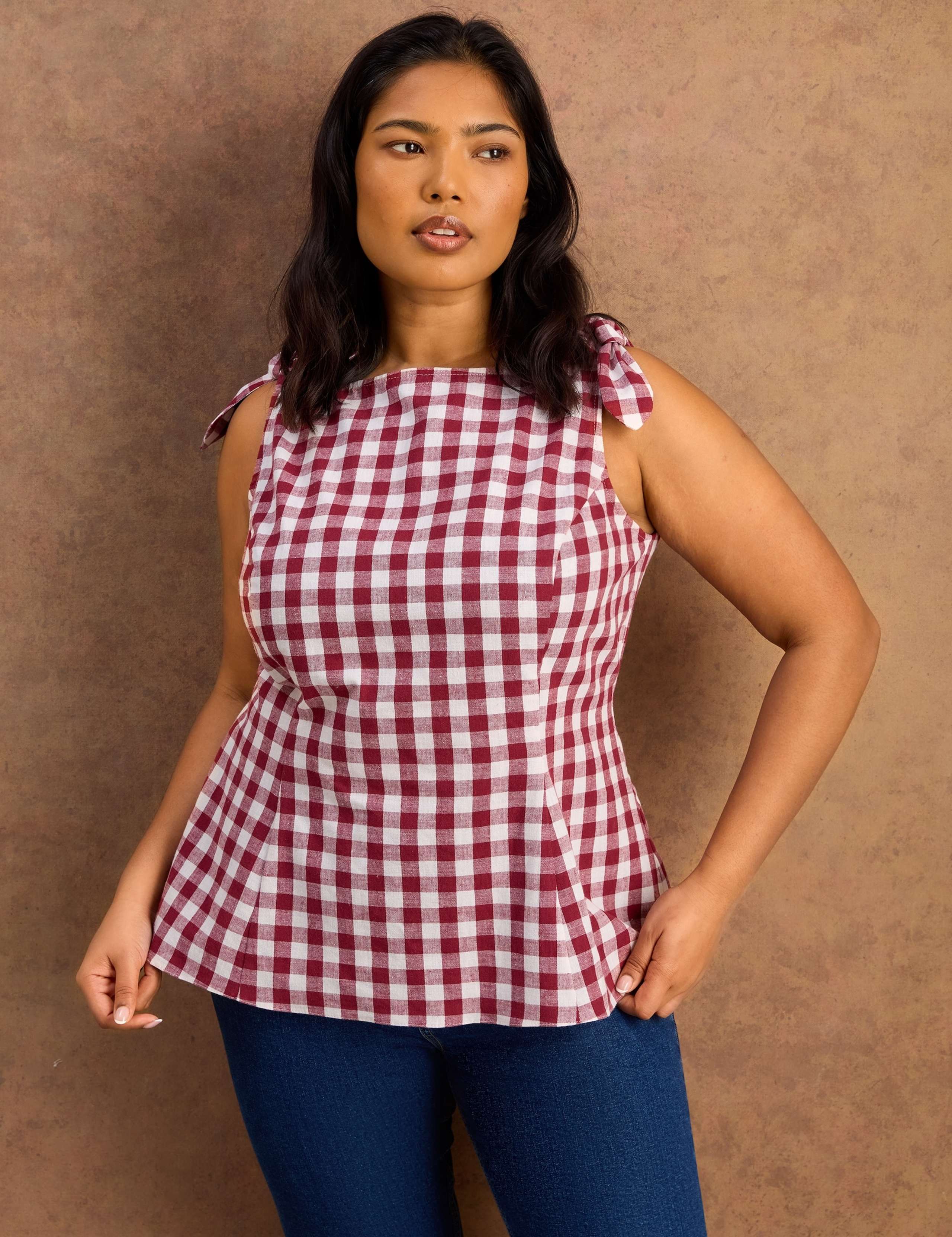 Cotton Rich Checked Peplum Top with Linen 1 of 7