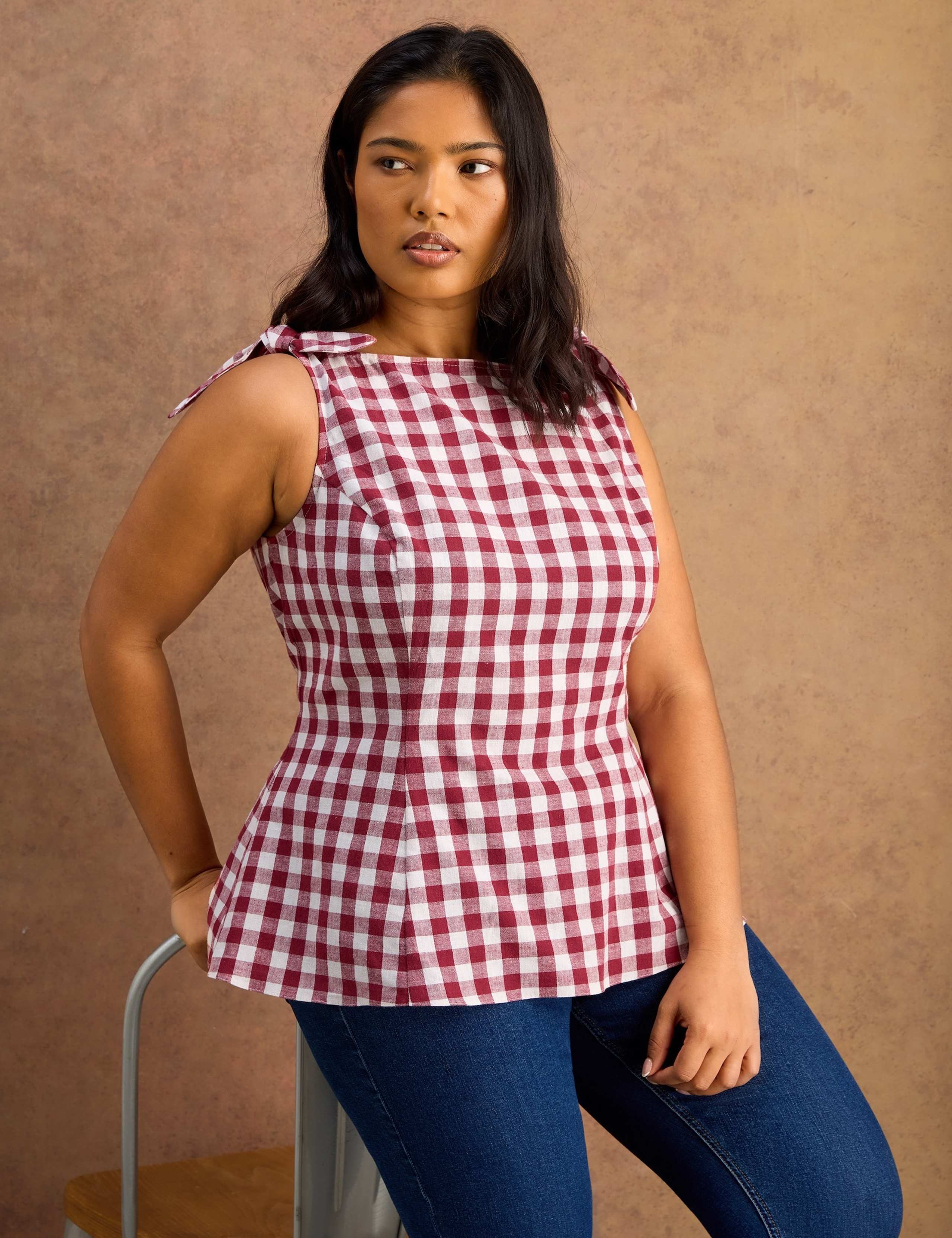 Cotton Rich Checked Peplum Top with Linen 2 of 7