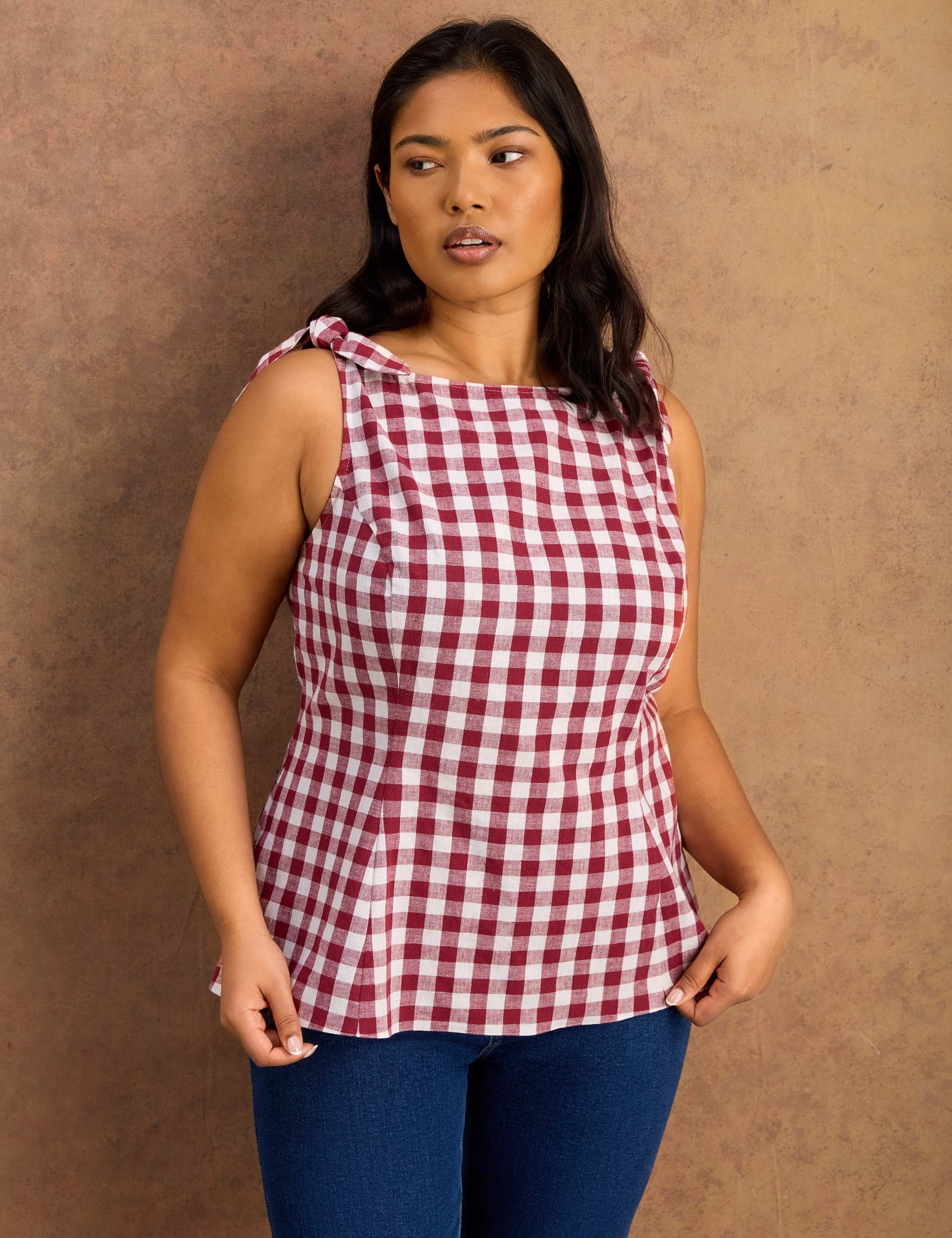Cotton Rich Checked Peplum Top with Linen 3 of 7